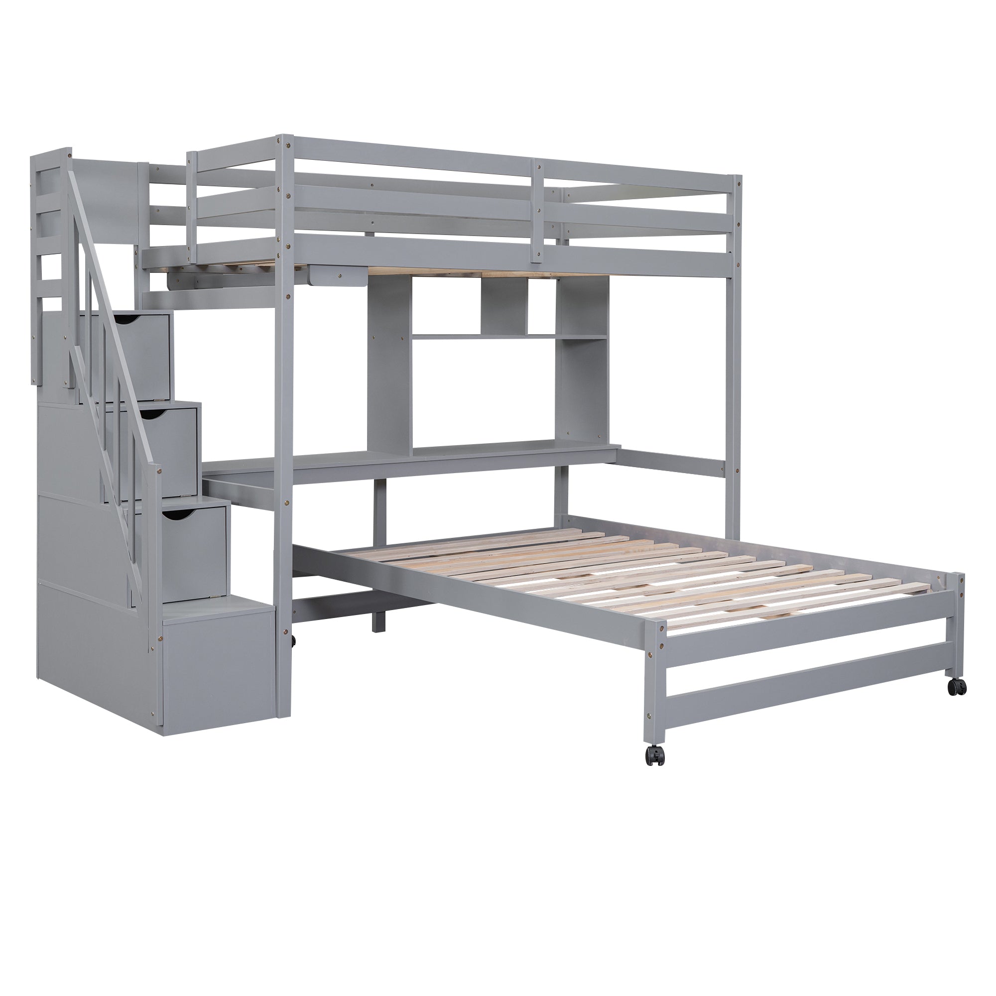 Twin over Full Bunk Bed with Storage Staircase, Desk, Shelves and Hanger for Clothes, Gray