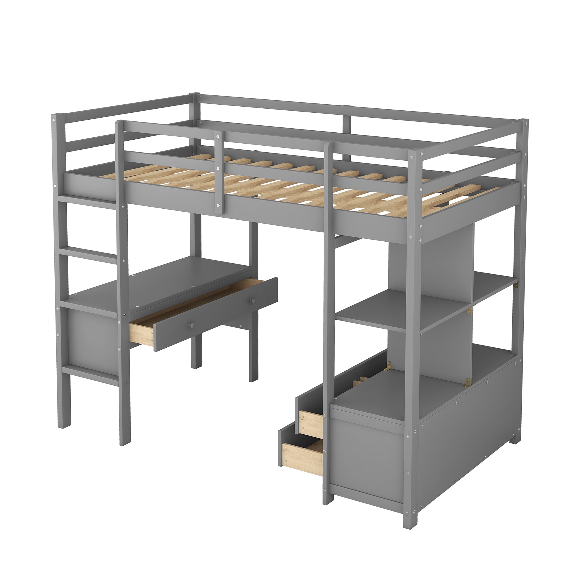 Twin  Size Loft Bed with Built-in Desk with Two Drawers, and Storage Shelves and Drawers,Gray