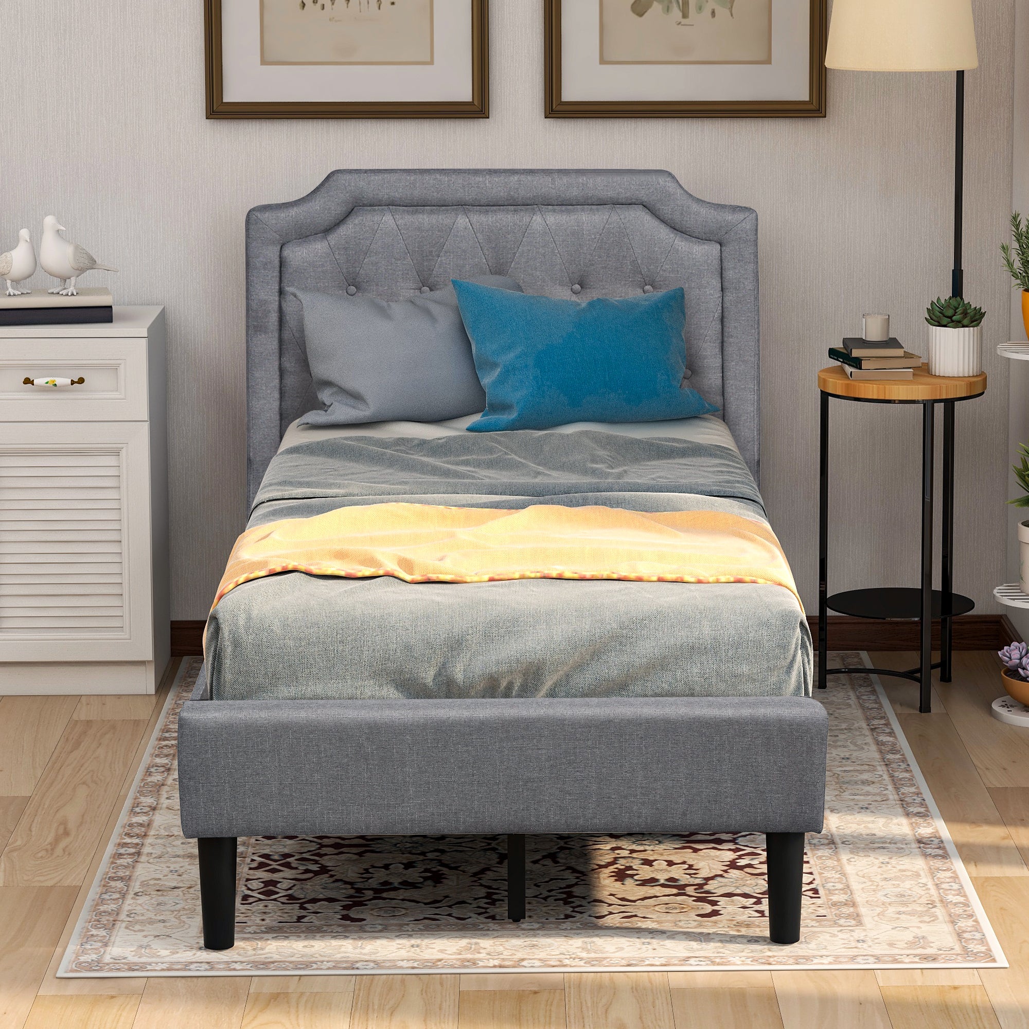 Upholstered Scalloped Linen Platform Bed, Twin Size,  Gray (Previous SKU:WF192432AAE. There is a slight difference in dimension)