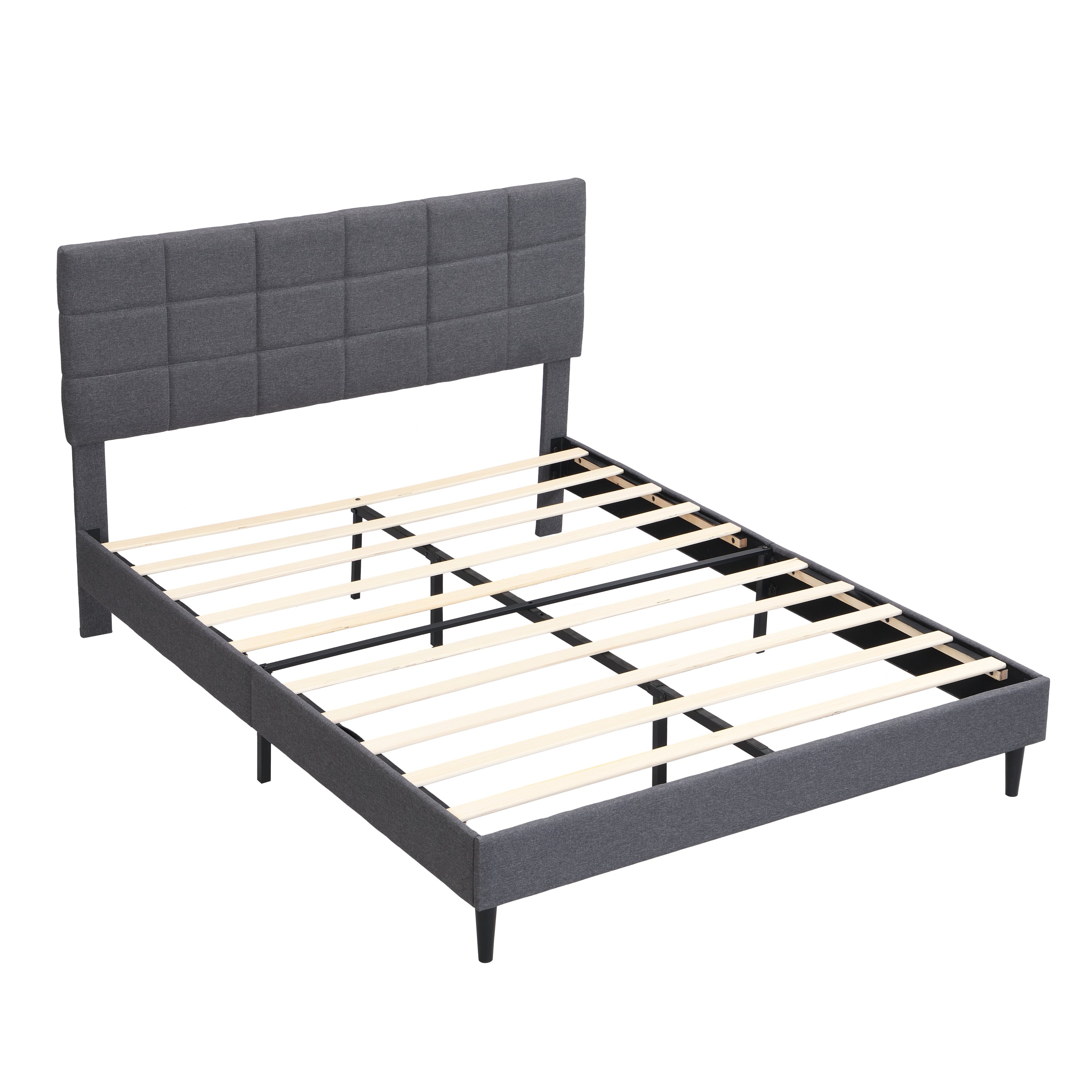 Queen Size Platform Bed Frame with Fabric Upholstered Headboard and Wooden Slats, No Box Spring Needed/Easy Assembly, Gray