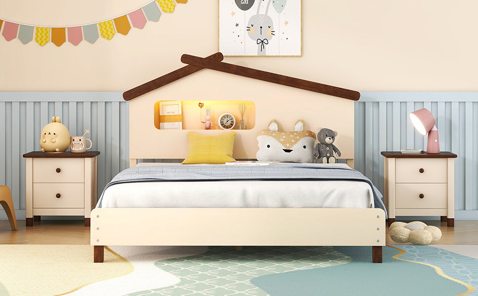 Full Size Wood Platform Bed with House-shaped Headboard and Motion Activated Night Lights (Cream+Walnut)