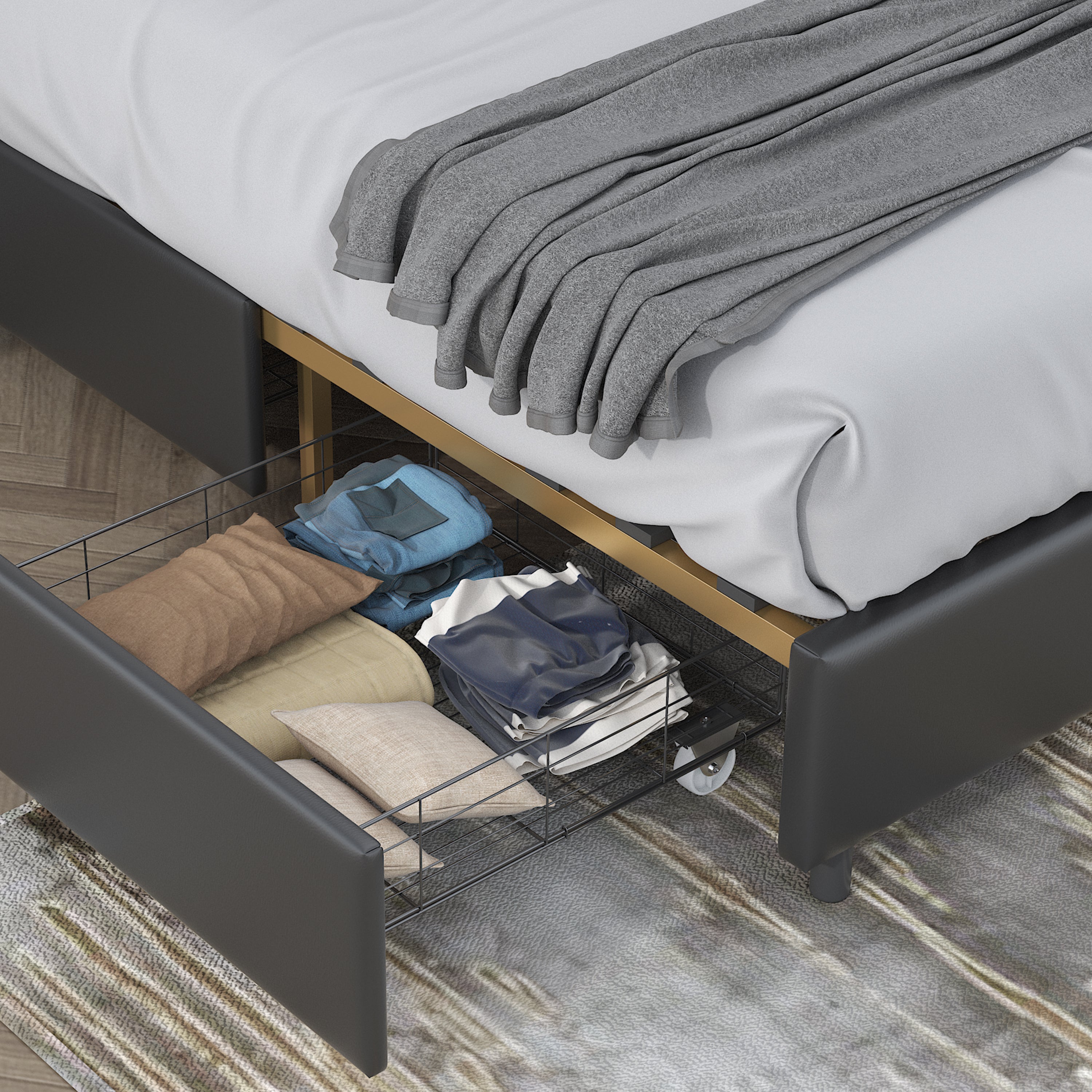 Black, Full-size bed. Classic steamed bread shaped backrest, metal frame, solid wood ribs, with four storage drawers, sponge soft bag, comfortable and elegant atmosphere
