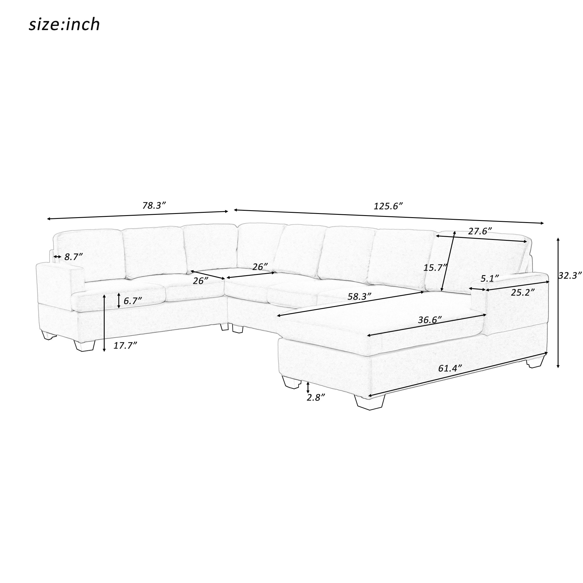 Ustyle Modern Large Upholstered  U-Shape Sectional Sofa, Extra Wide Chaise Lounge Couch,  Grey