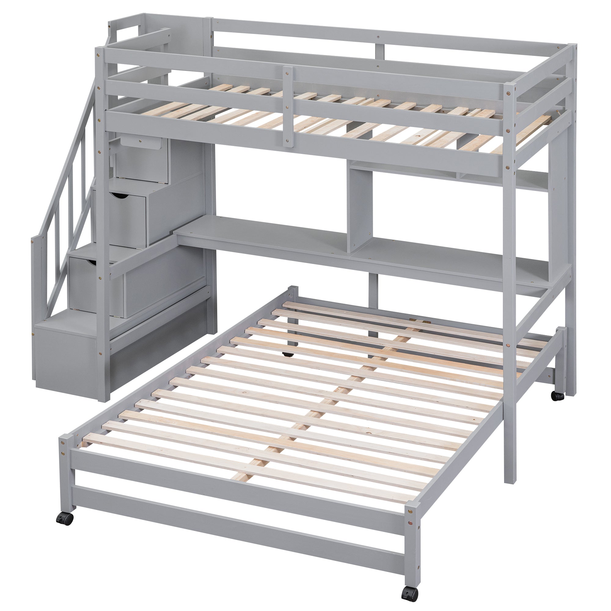 Twin over Full Bunk Bed with Storage Staircase, Desk, Shelves and Hanger for Clothes, Gray