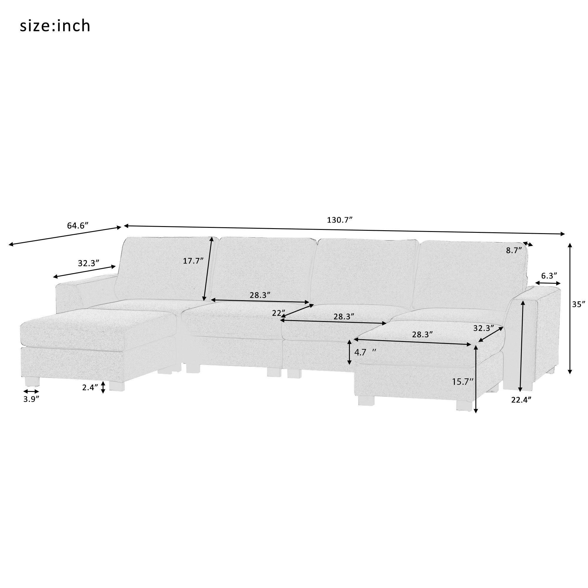 U_STYLE 3 Pieces U shaped Sofa with Removable Ottomans