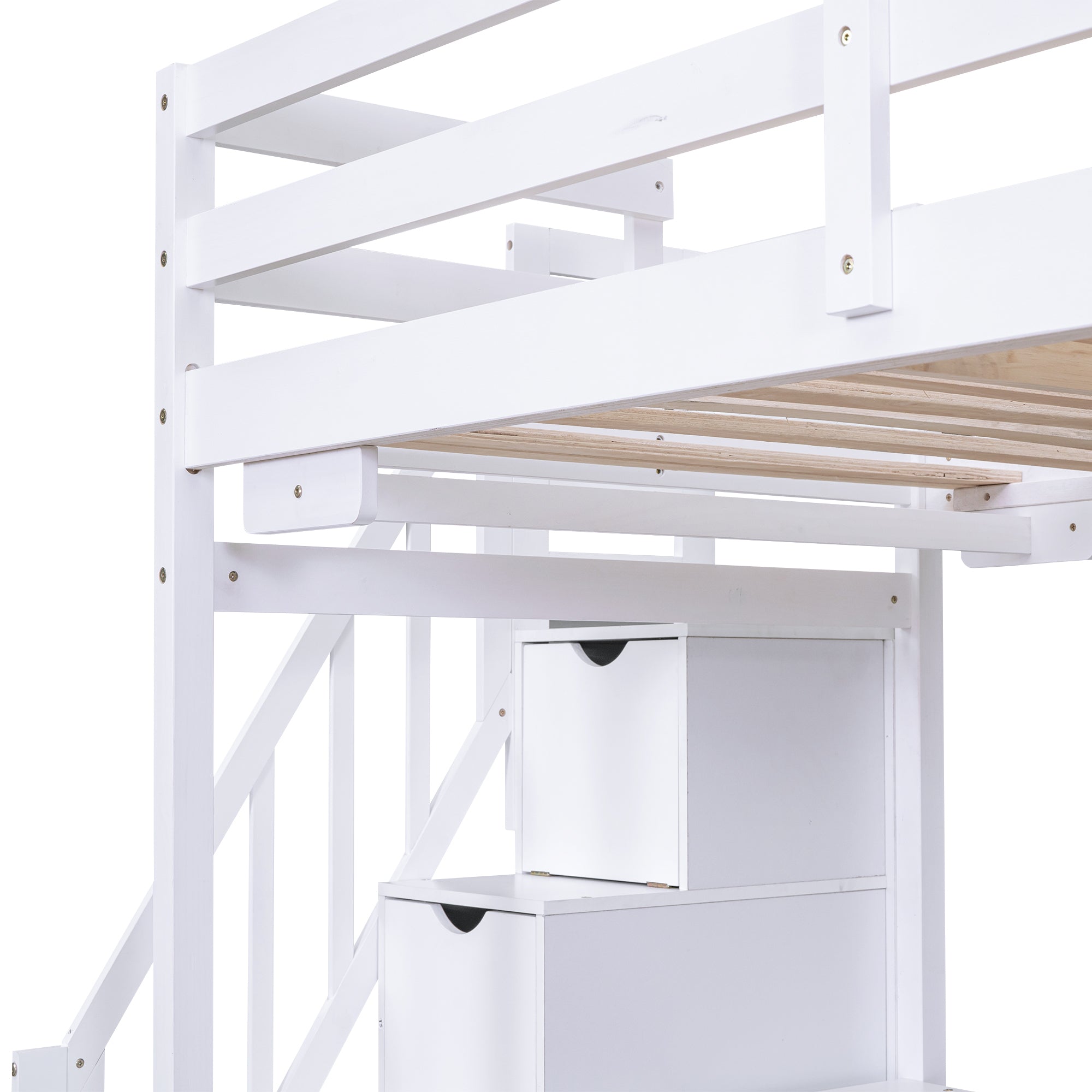 Twin over Full Bunk Bed with Storage Staircase, Desk, Shelves and Hanger for Clothes, White