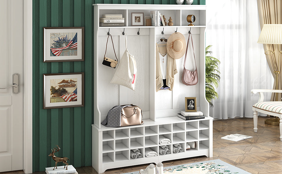 ON-TREND Modern Style Multiple Functions Hallway Coat Rack with Metal Black Hooks, Entryway Bench 60" Wide Hall Tree with Ample Storage Space and 24 Shoe Cubbies , White ( OLD SKU: WF286983AAK )