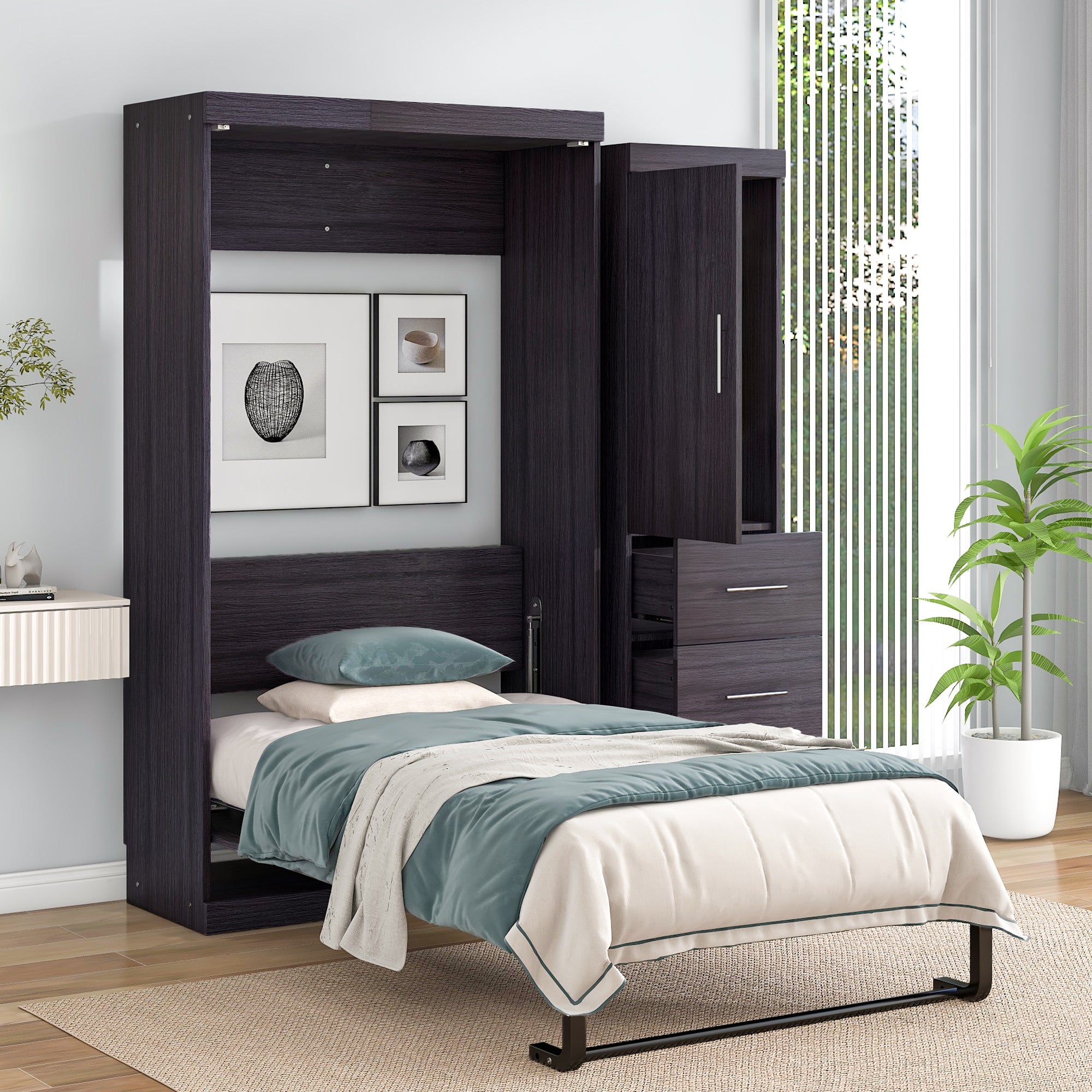 Twin Size Murphy Bed with Wardrobe and Drawers, Storage Bed, can be Folded into a Cabinet, Gray