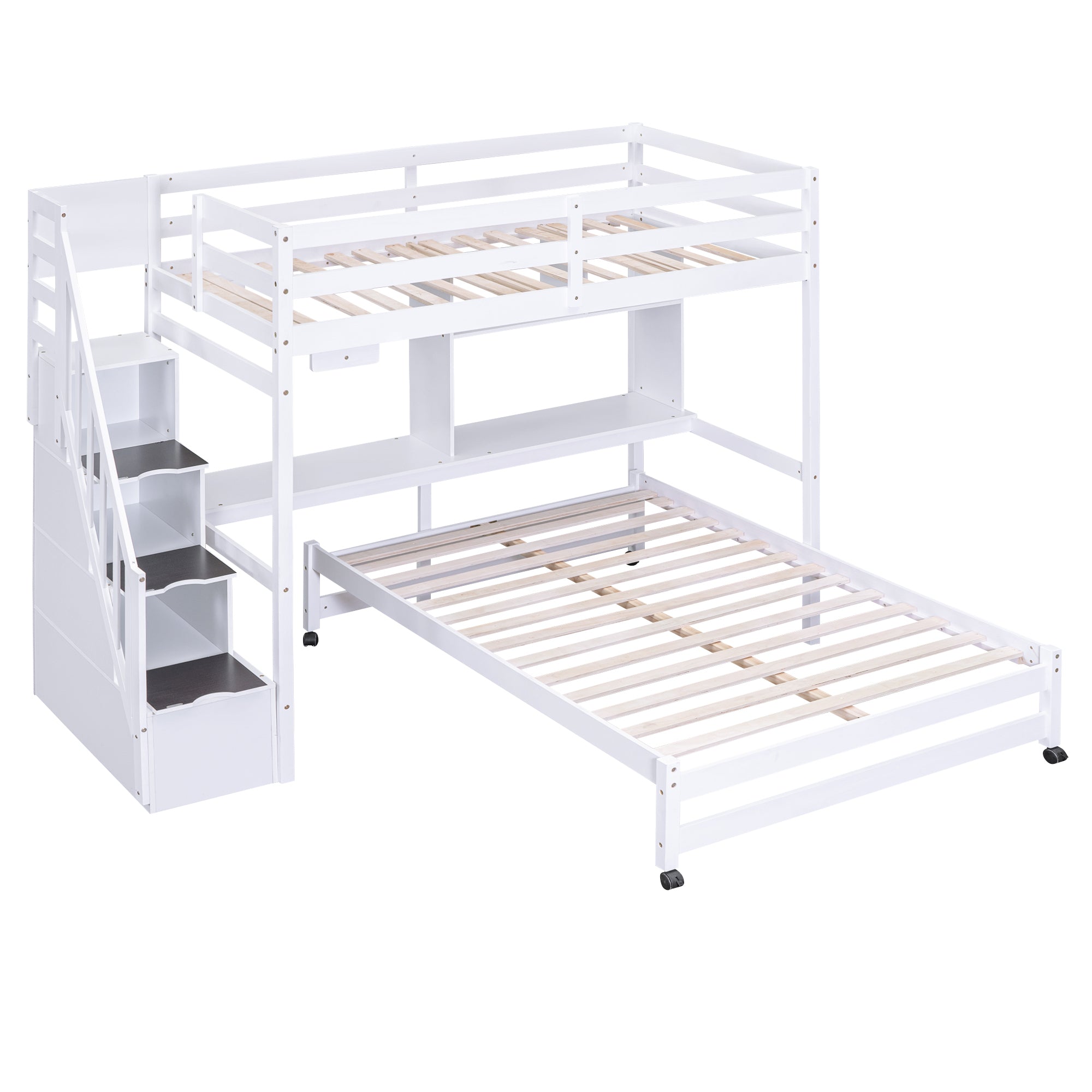 Twin over Full Bunk Bed with Storage Staircase, Desk, Shelves and Hanger for Clothes, White