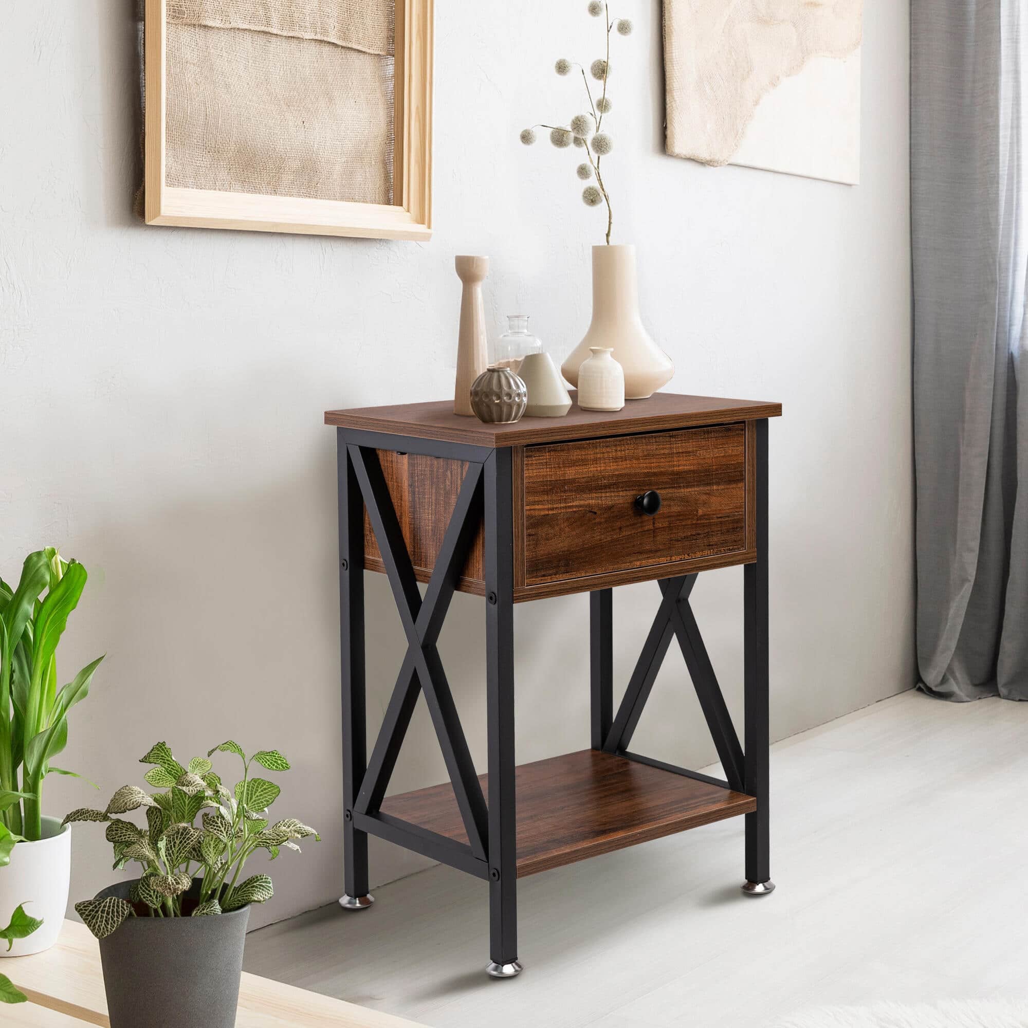 Nightstand with Drawer and Open Storage Shelves, Bedside End Table for Bedroom Living Room, Brown