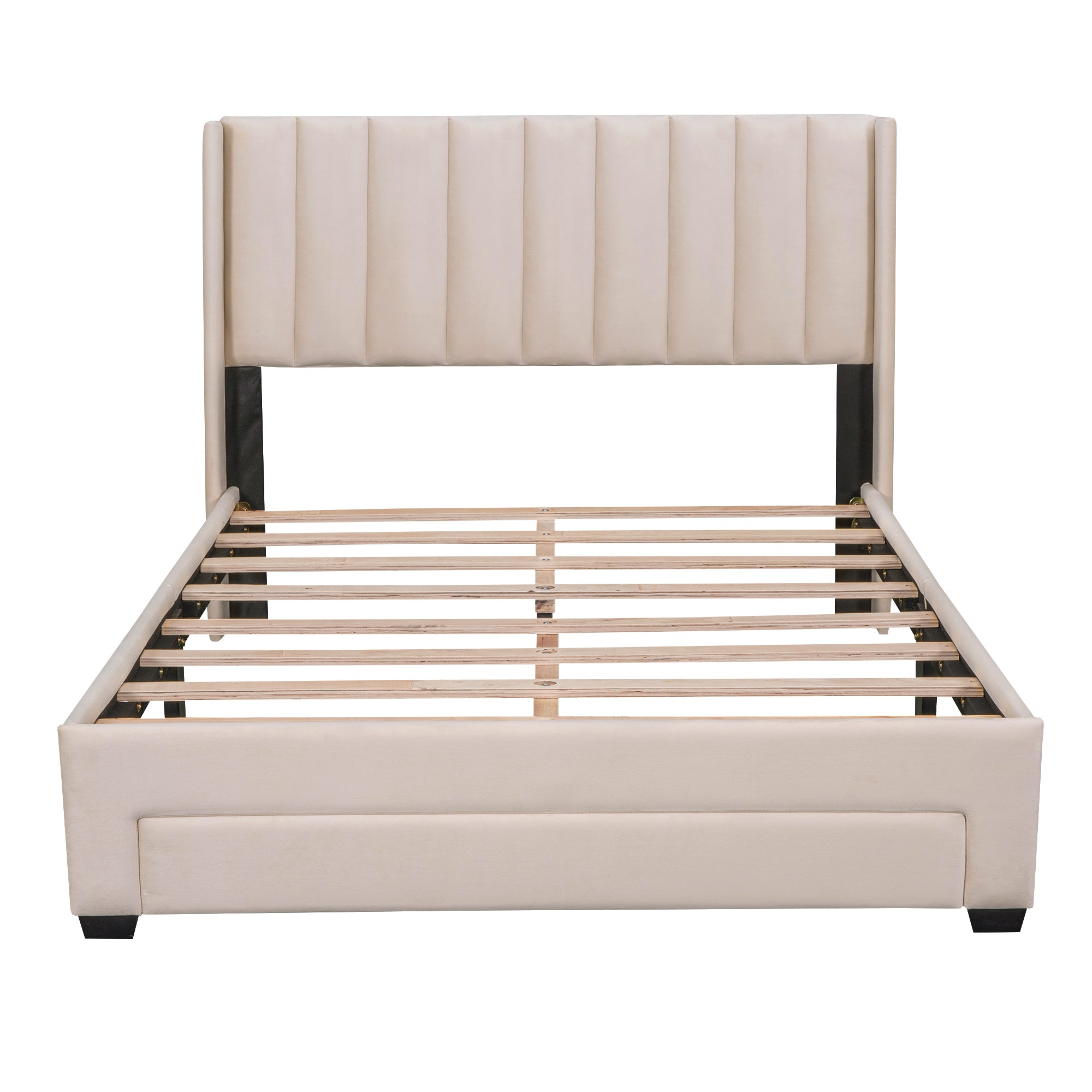 Full Size Storage Bed Velvet Upholstered Platform Bed with a Big Drawer - Beige