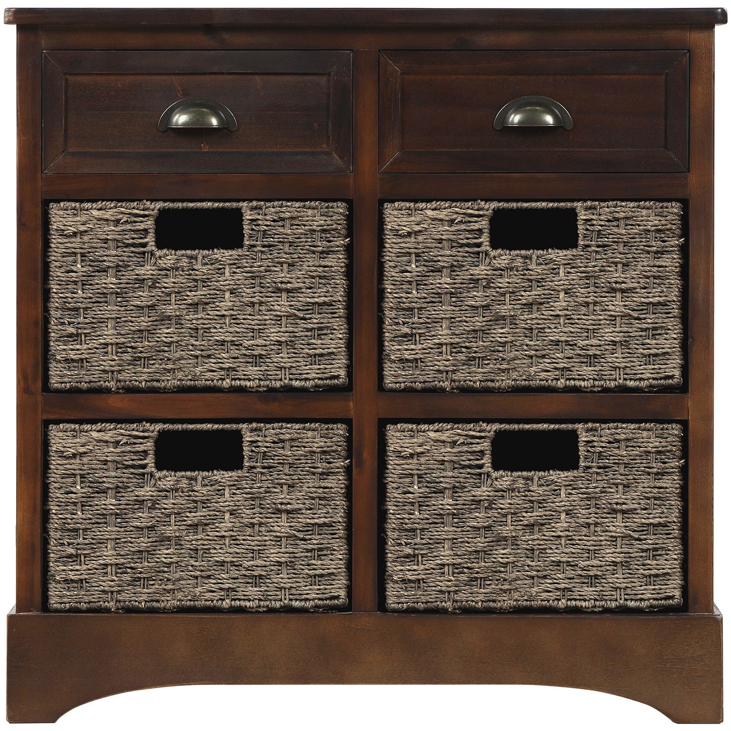 TREXM Rustic Storage Cabinet with Two Drawers and Four Classic Rattan Basket for Dining Room/Living Room (Espresso)