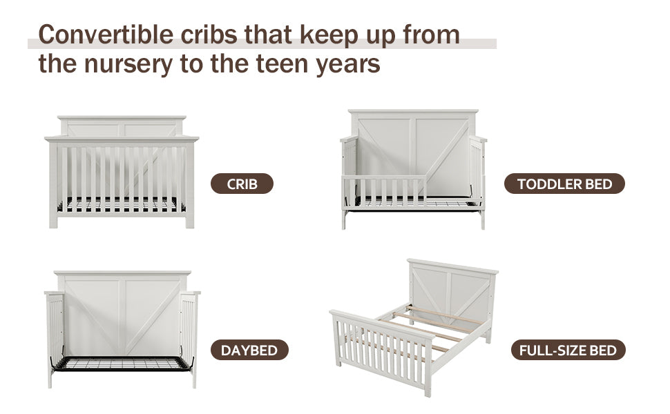 Rustic Farmhouse Style 4-in-1 Convertible Baby Crib - Converts to Toddler Bed, Daybed and Full-Size Bed, White