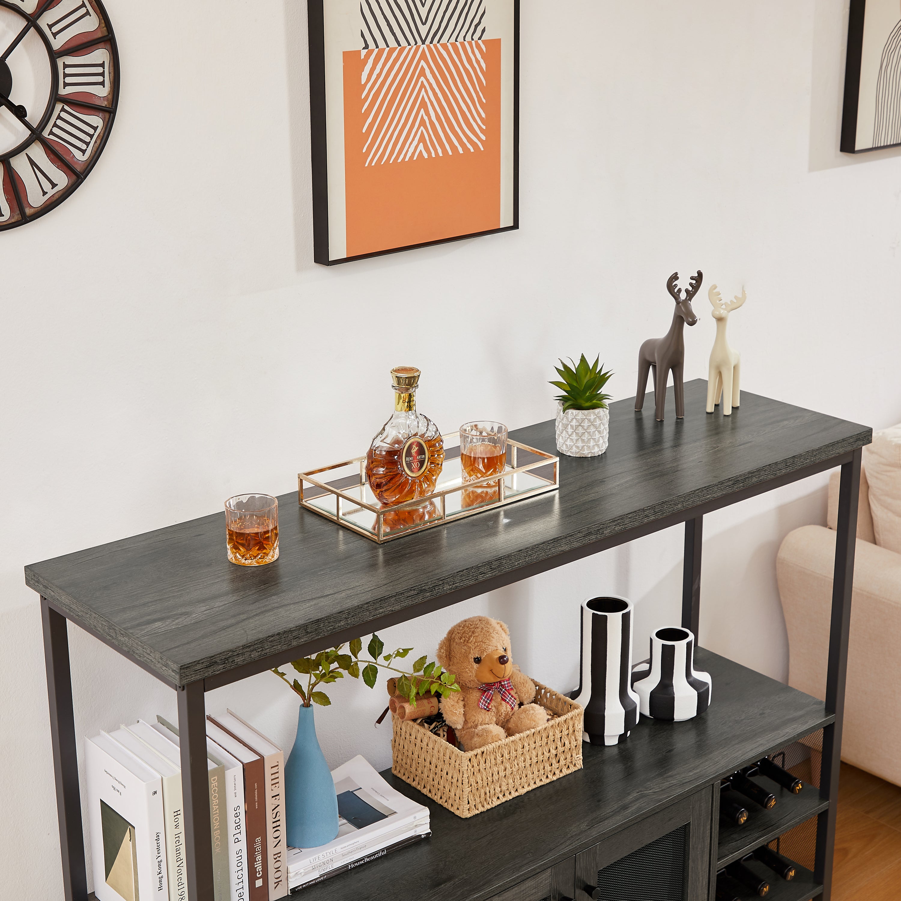 Wine shelf table, modern wine bar cabinet, console table, bar table, TV cabinet, sideboard with storage compartment, can be used in living room, dining room, kitchen, entryway, hallway.Dark Grey.