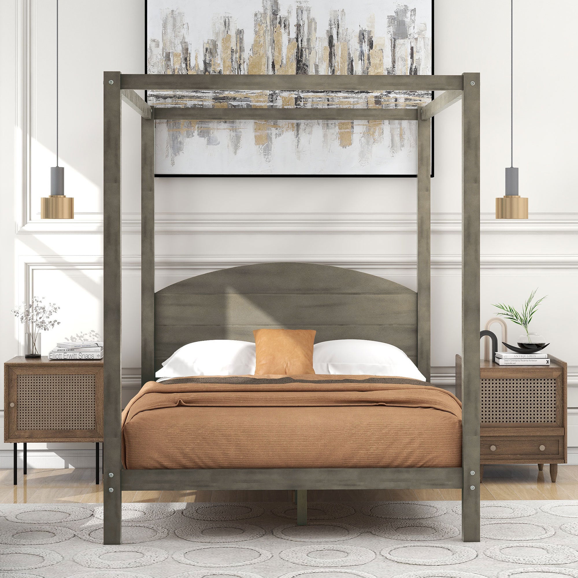 Full Size Canopy Platform Bed with Headboard and Support Legs,Brown Wash