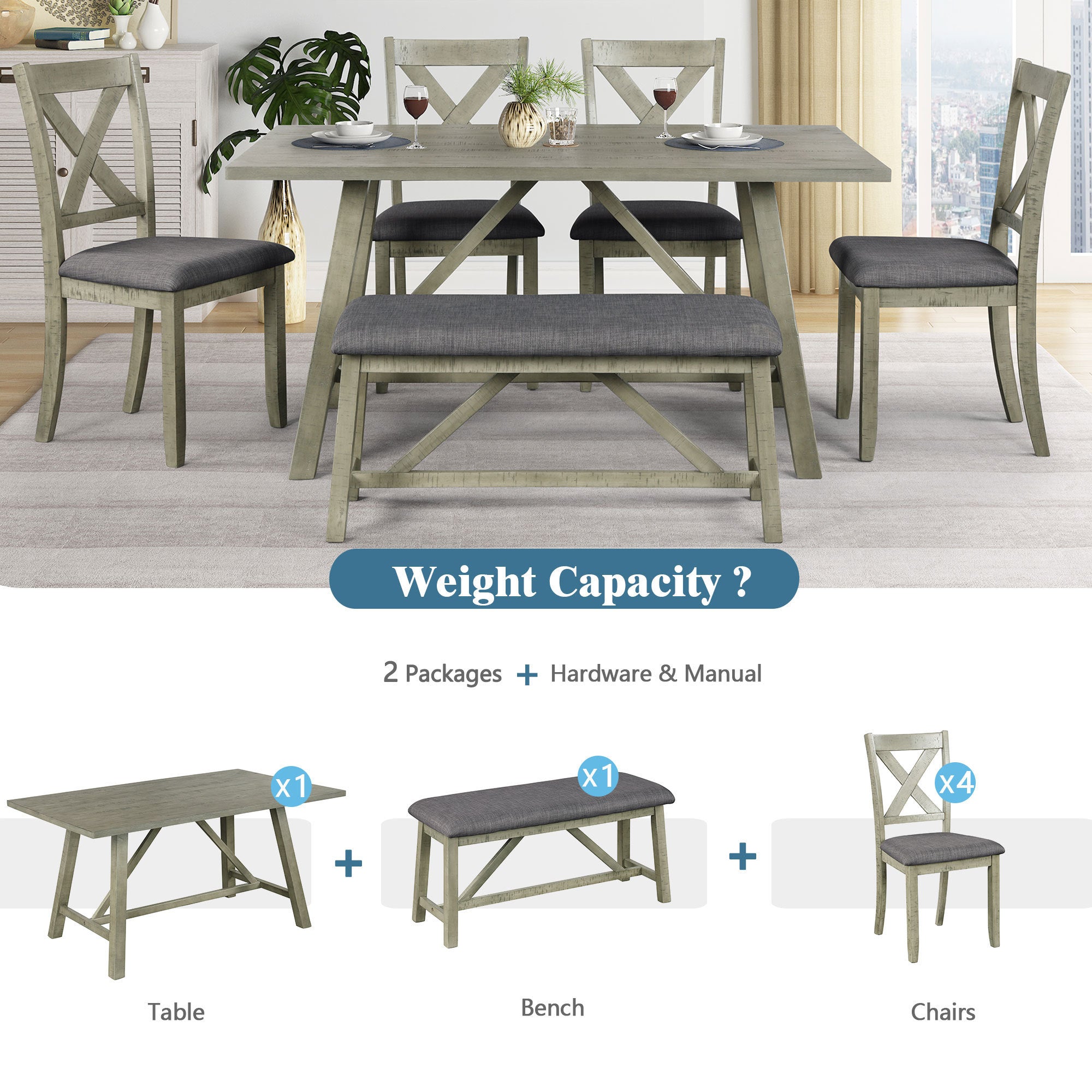 TOPMAX 6 Piece Dining Table Set Wood Dining Table and chair Kitchen Table Set with Table, Bench and 4 Chairs, Rustic Style, Gray(No Difference with SH000109AAE）