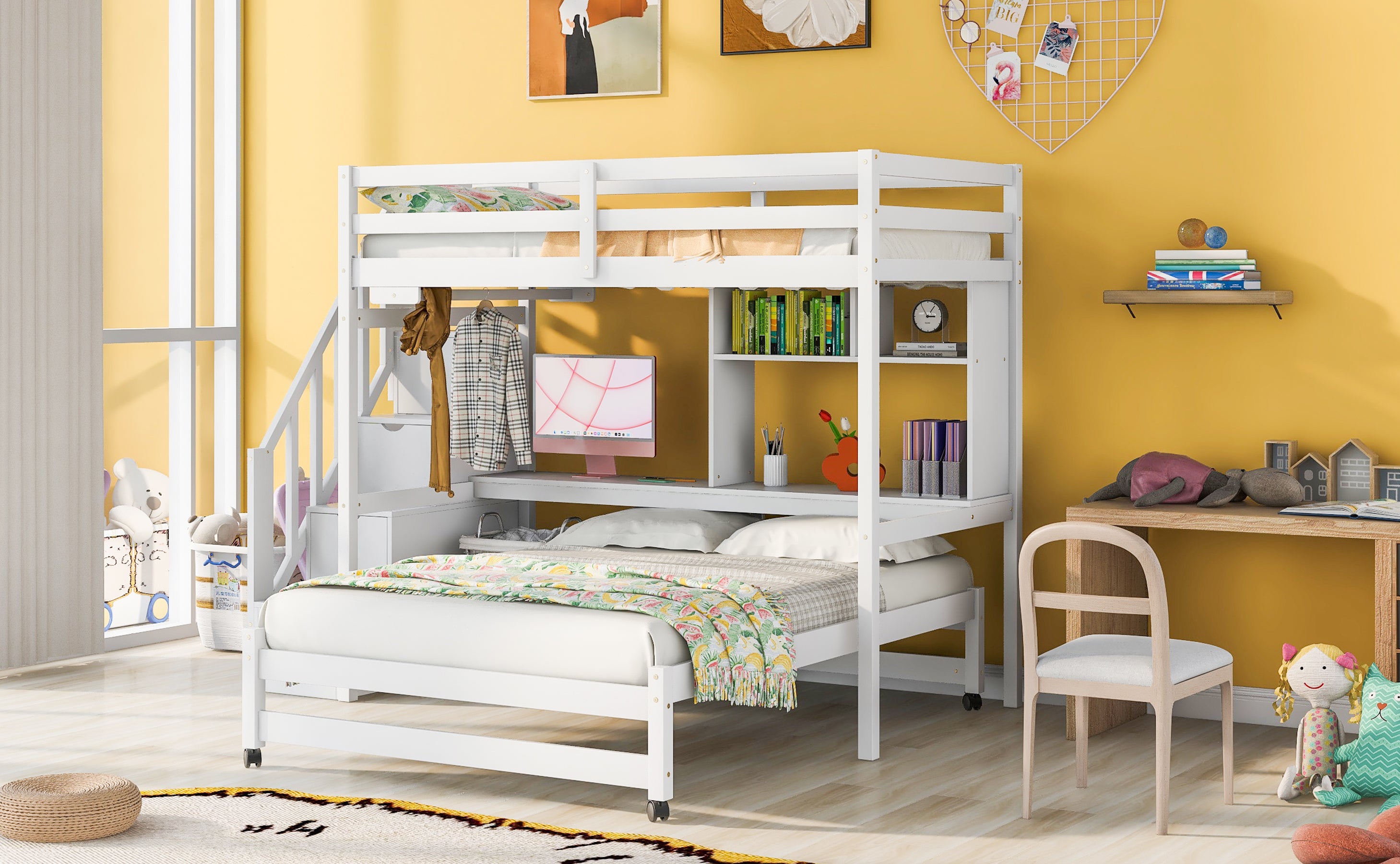 Twin over Full Bunk Bed with Storage Staircase, Desk, Shelves and Hanger for Clothes, White