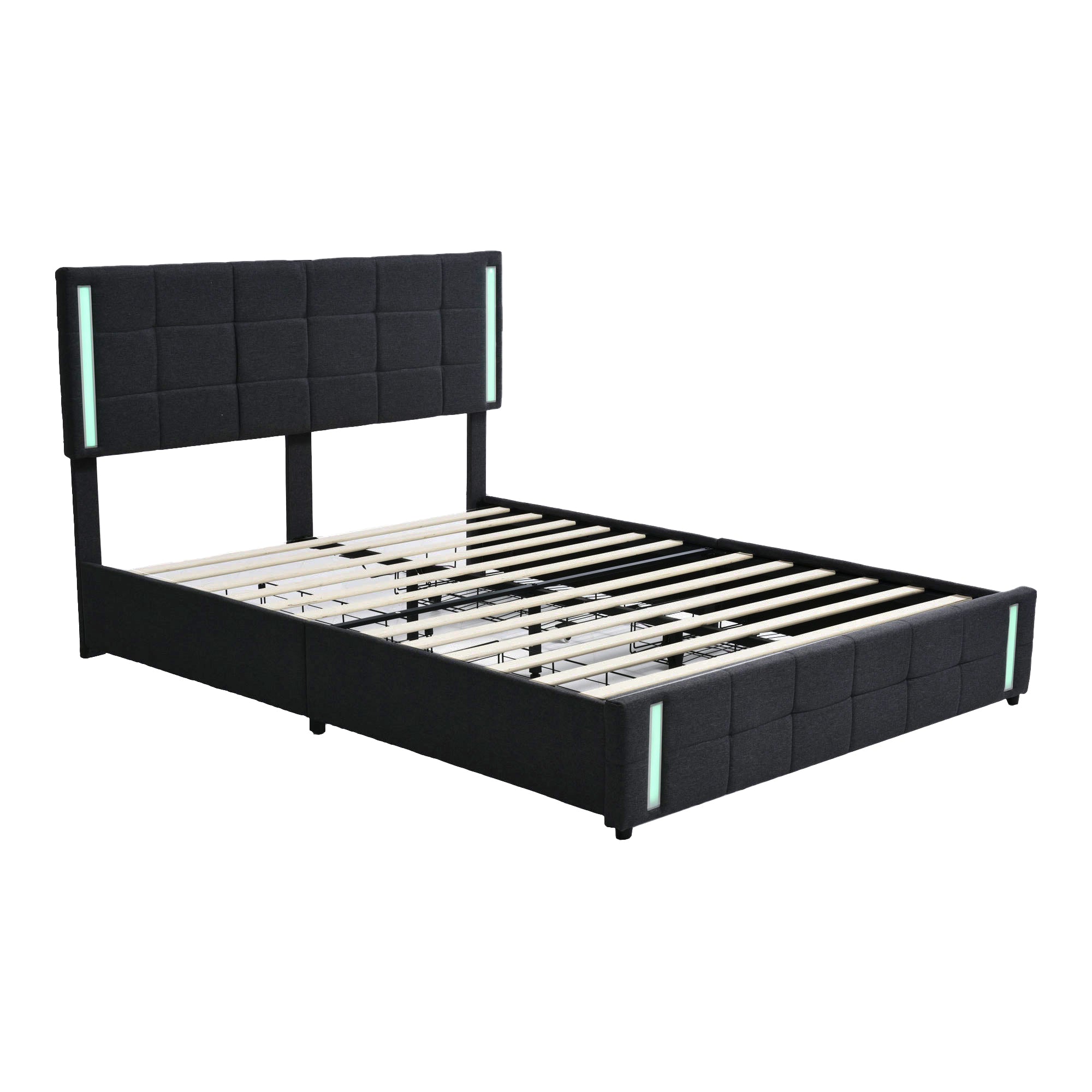 Queen Size Upholstered Platform Bed with LED Lights and USB Charging, Storage Bed with 4 Drawers, Dark Gray