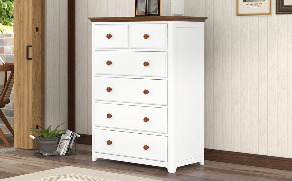 Rustic Wooden Chest with 6 Drawers,Storage Cabinet for Bedroom,White+Walnut