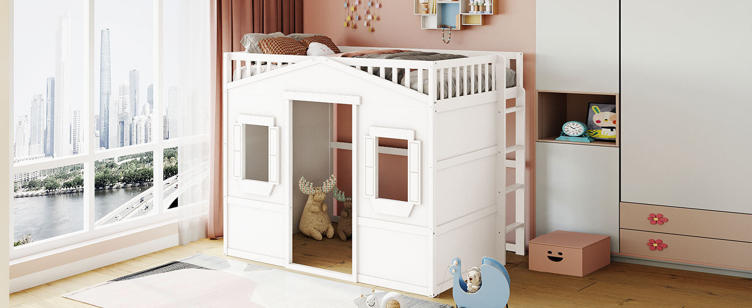 Full Size House Loft Bed With Ladder-White