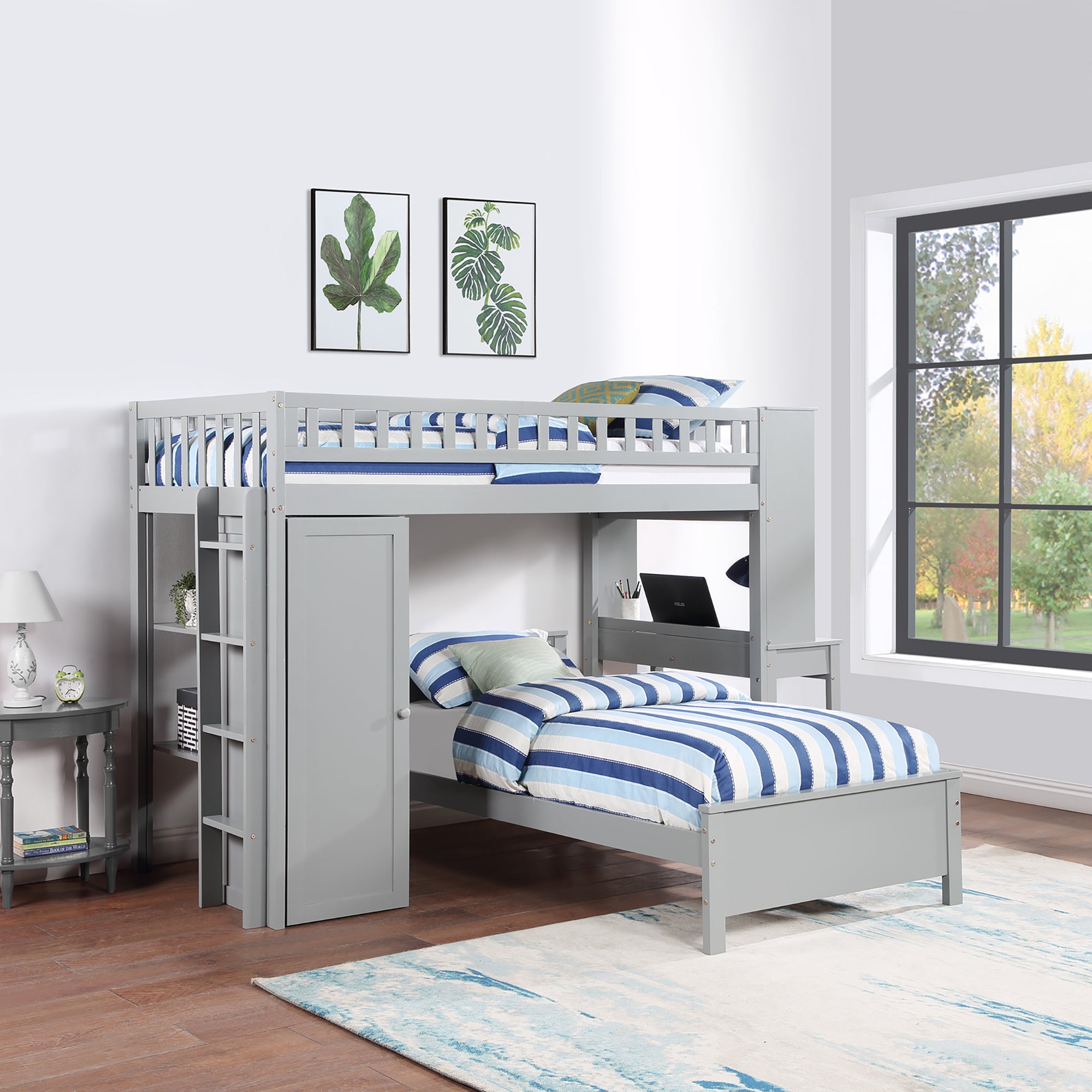 Twin Size Loft Bed with Closet and Desk, Extra Bottom Twin Bed, Grey