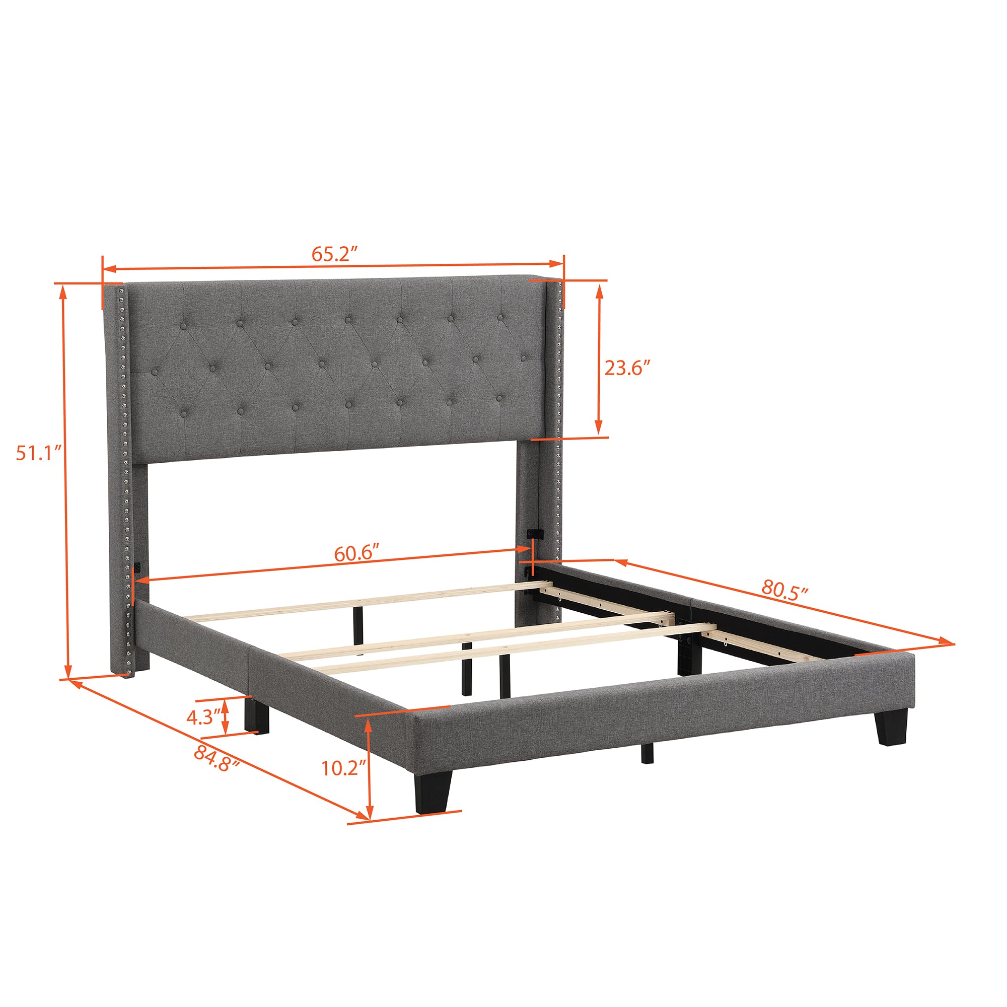 Upholstered Platform Bed with Classic Headboard, Box Spring Needed, Gray Linen Fabric, Queen Size