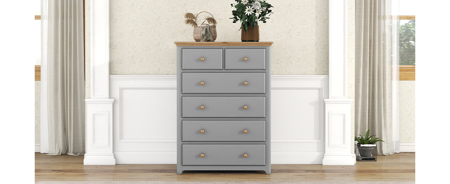 Rustic Wooden Chest with 6 Drawers,Storage Cabinet for Bedroom,Gray+Natrual