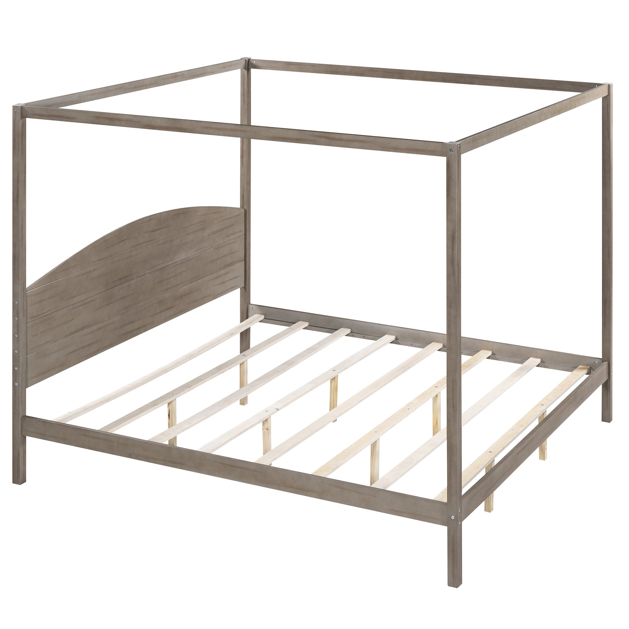 King Size Canopy Platform Bed with Headboard and Support Legs, Brown Wash