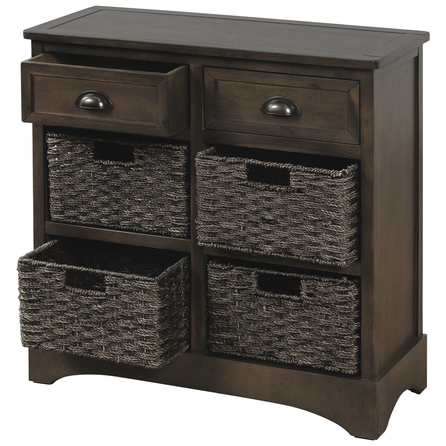 TREXM Rustic Storage Cabinet with Two Drawers and Four  Classic Rattan Basket for Dining Room/Living Room (Brown Gray)