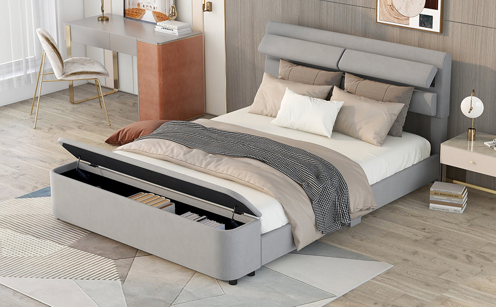 Queen Size Upholstery Platform Bed with Storage Headboard and Footboard,Support Legs,Grey