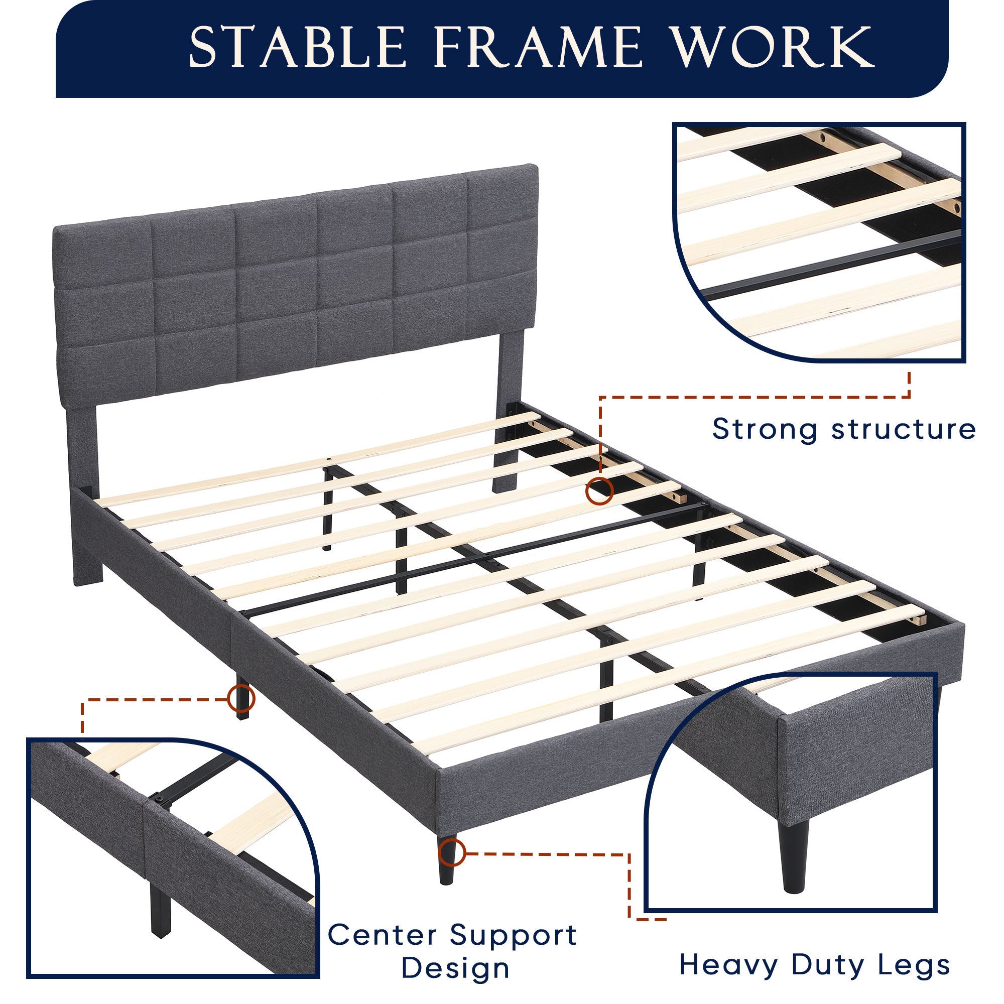 Queen Size Platform Bed Frame with Fabric Upholstered Headboard and Wooden Slats, No Box Spring Needed/Easy Assembly, Gray