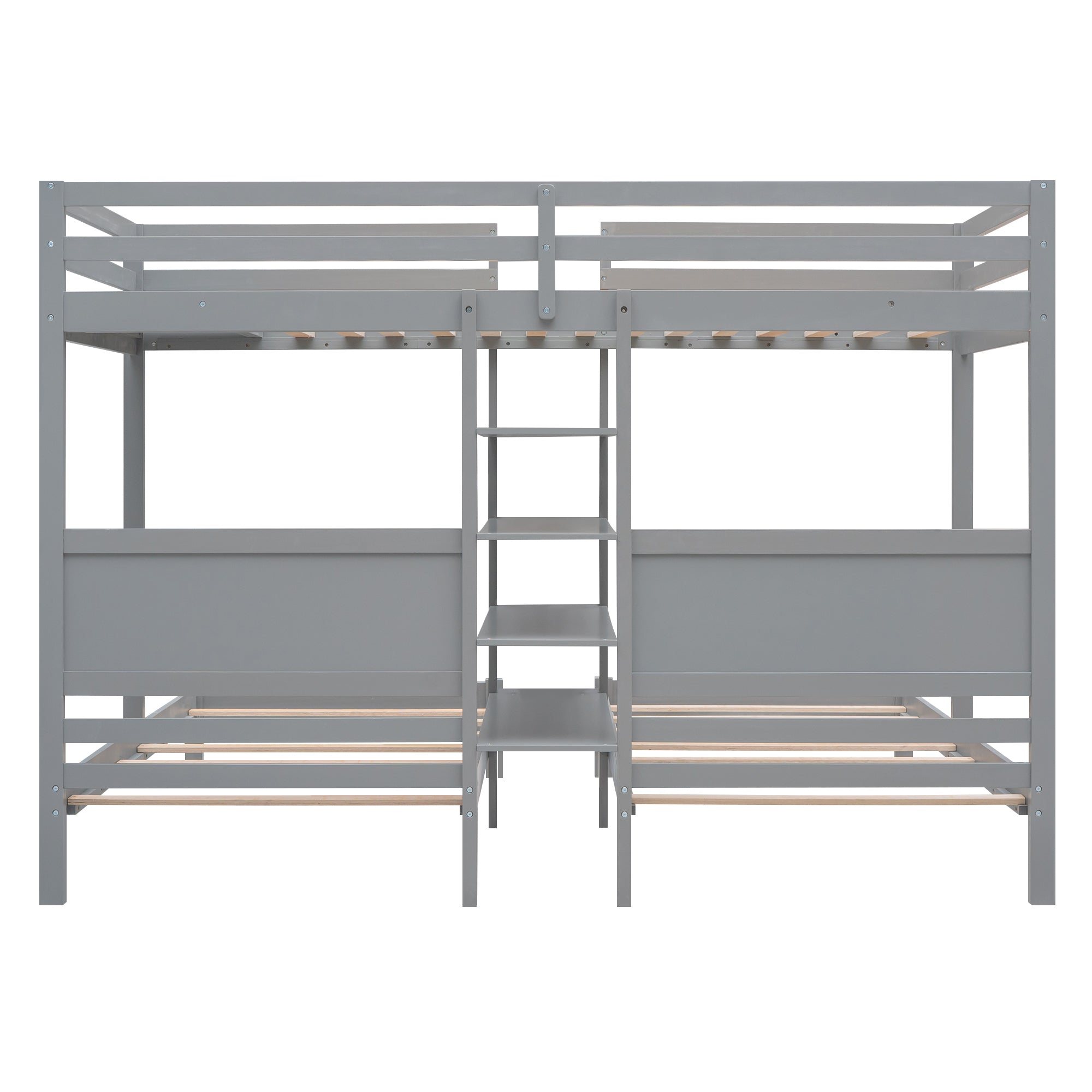 Twin XL over Twin&Twin Bunk Bed with Built-in Four Shelves and Ladder,Gray