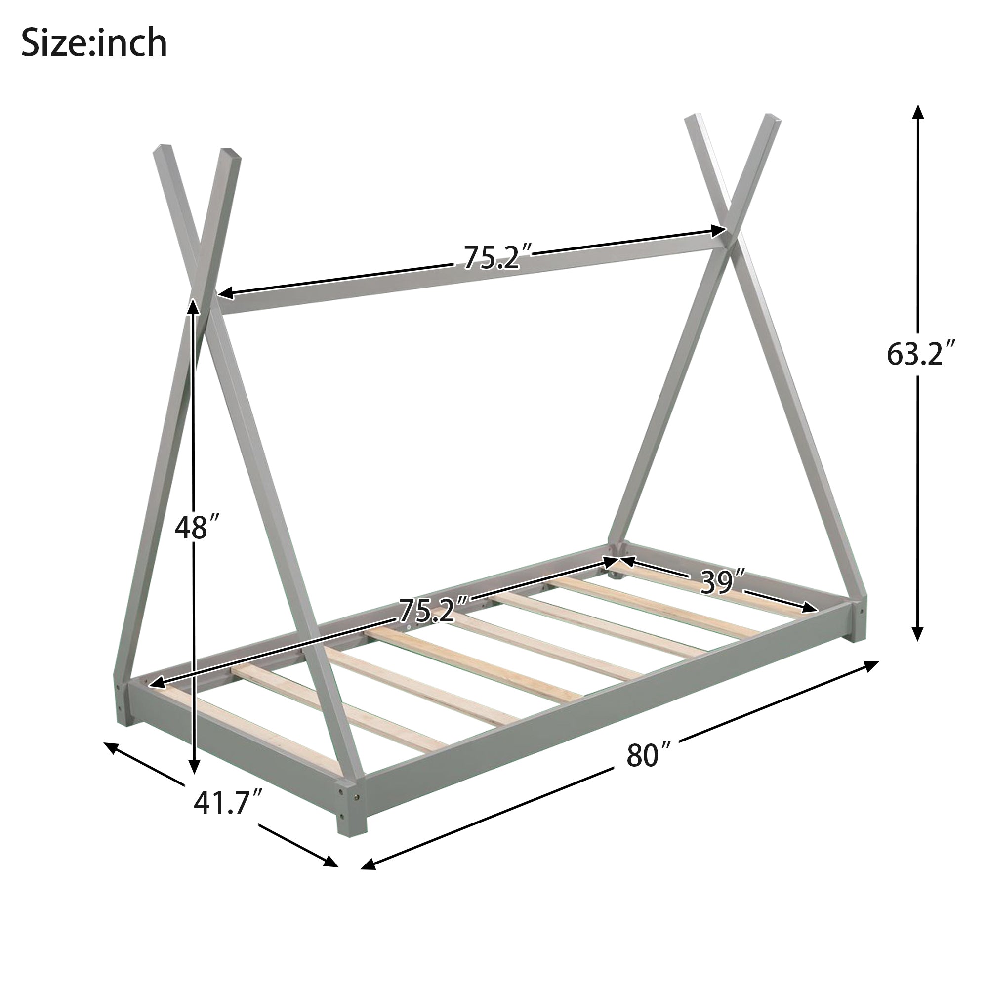 Twin Size House Platform Bed with Triangle Structure,Gray