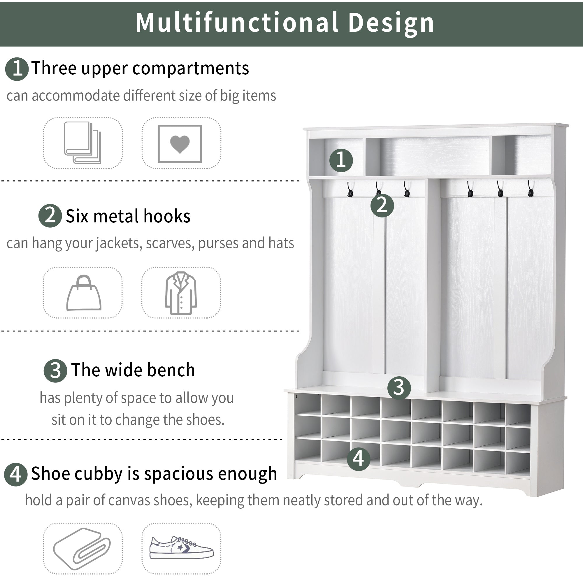 Multiple Functions Coat Rack, Entryway Bench 60 Hall Tree with Storag