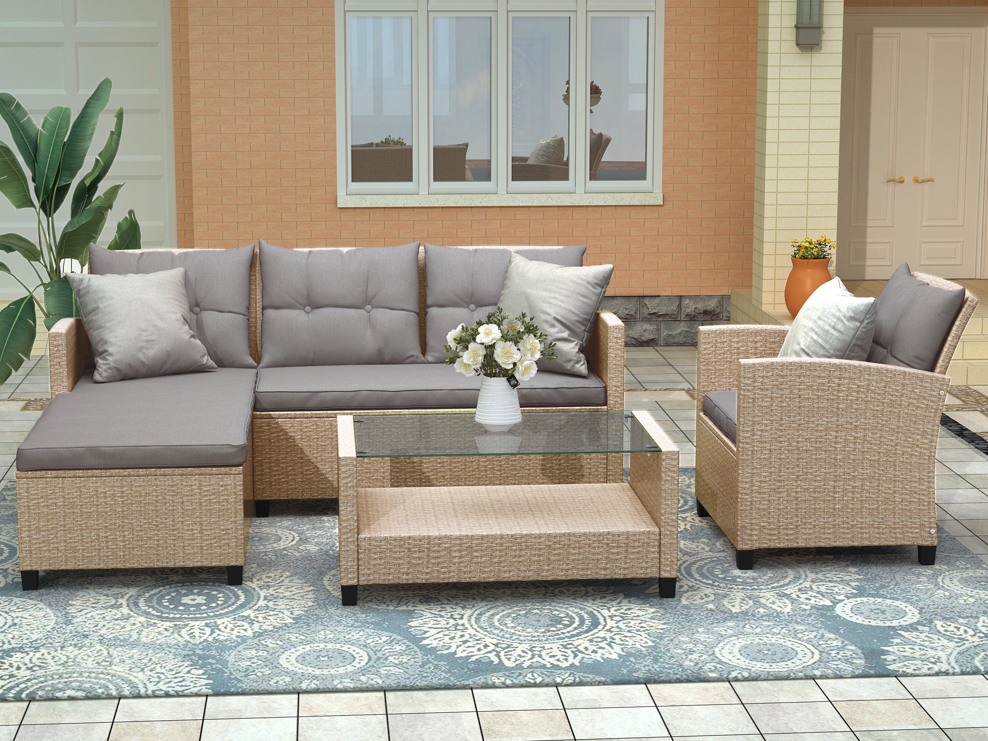 U_STYLE Outdoor, Patio Furniture Sets, 4 Piece Conversation Set Wicker Ratten Sectional Sofa with Seat Cushions(Beige Brown)