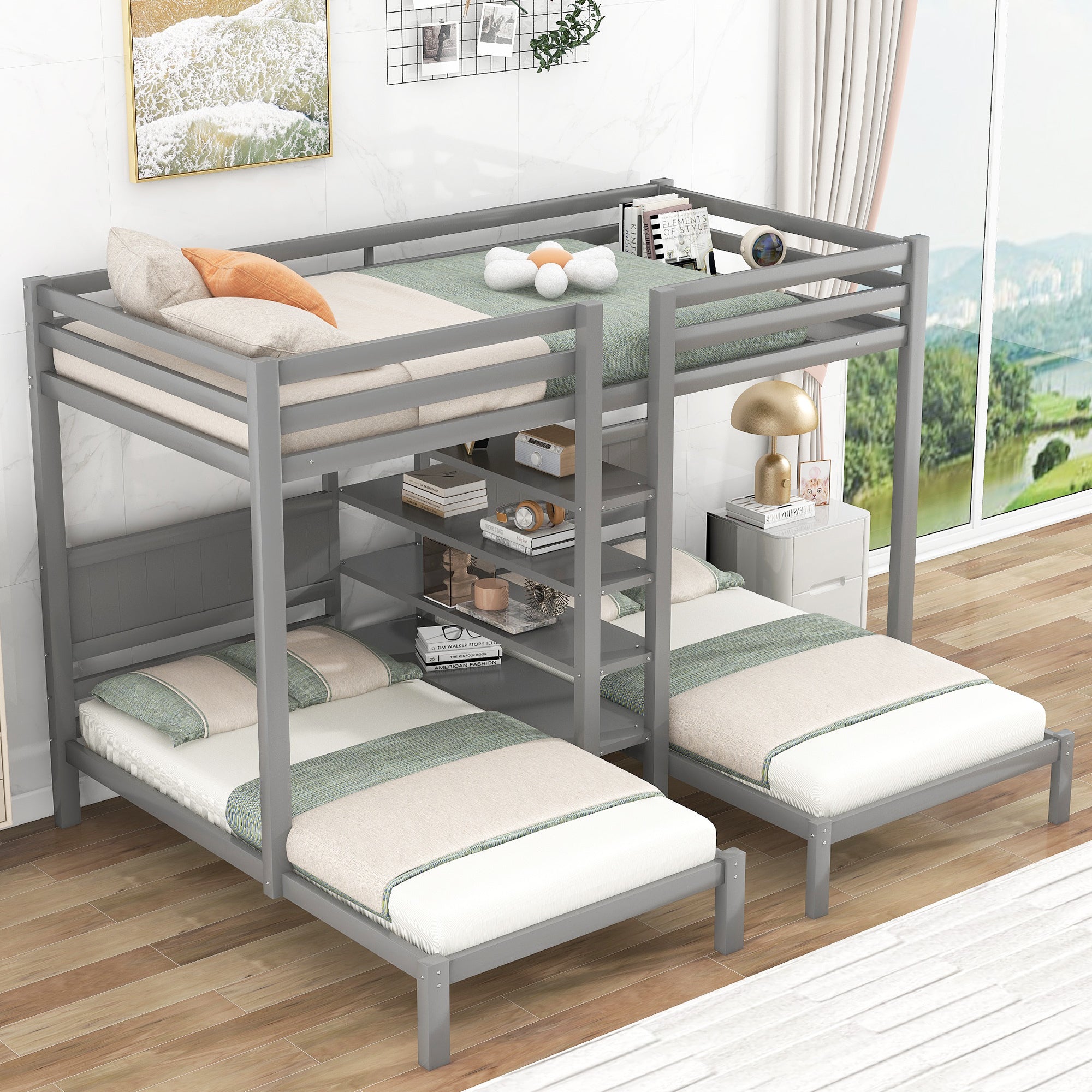 Twin XL over Twin&Twin Bunk Bed with Built-in Four Shelves and Ladder,Gray