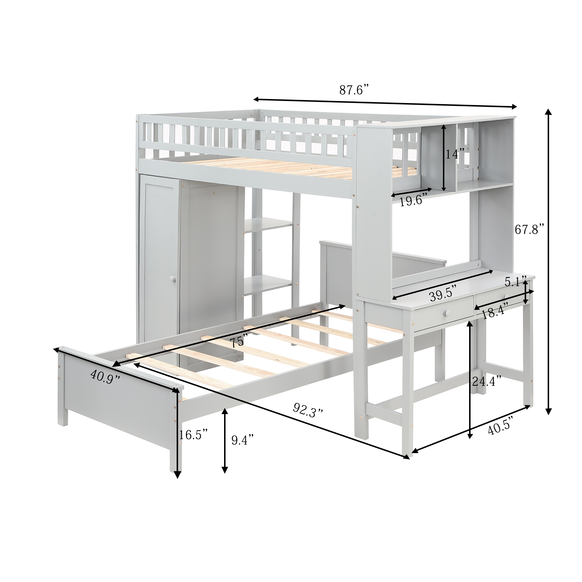 Twin Size Loft Bed with Closet and Desk, Extra Bottom Twin Bed, Grey