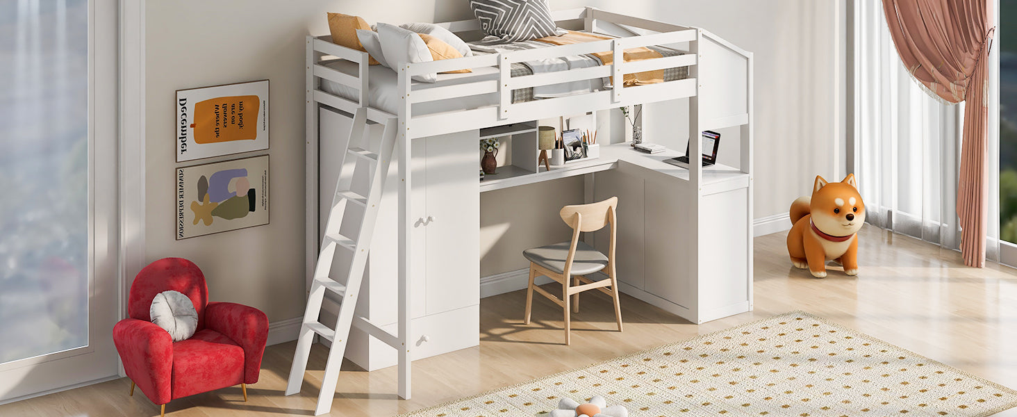 Twin Size Loft Bed with Wardrobe and Drawers, attached Desk with Shelves, White