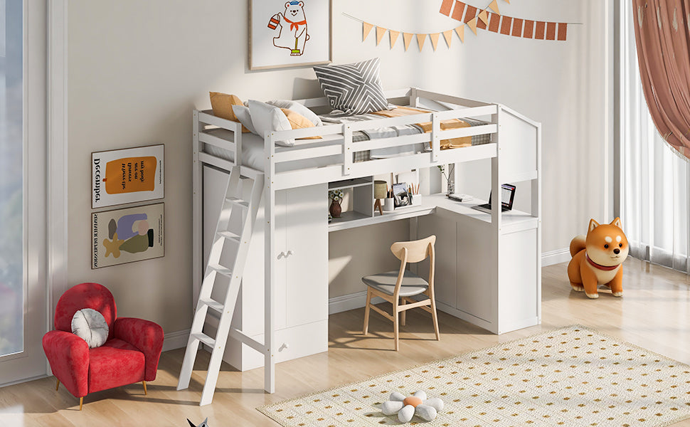 Twin Size Loft Bed with Wardrobe and Drawers, attached Desk with Shelves, White