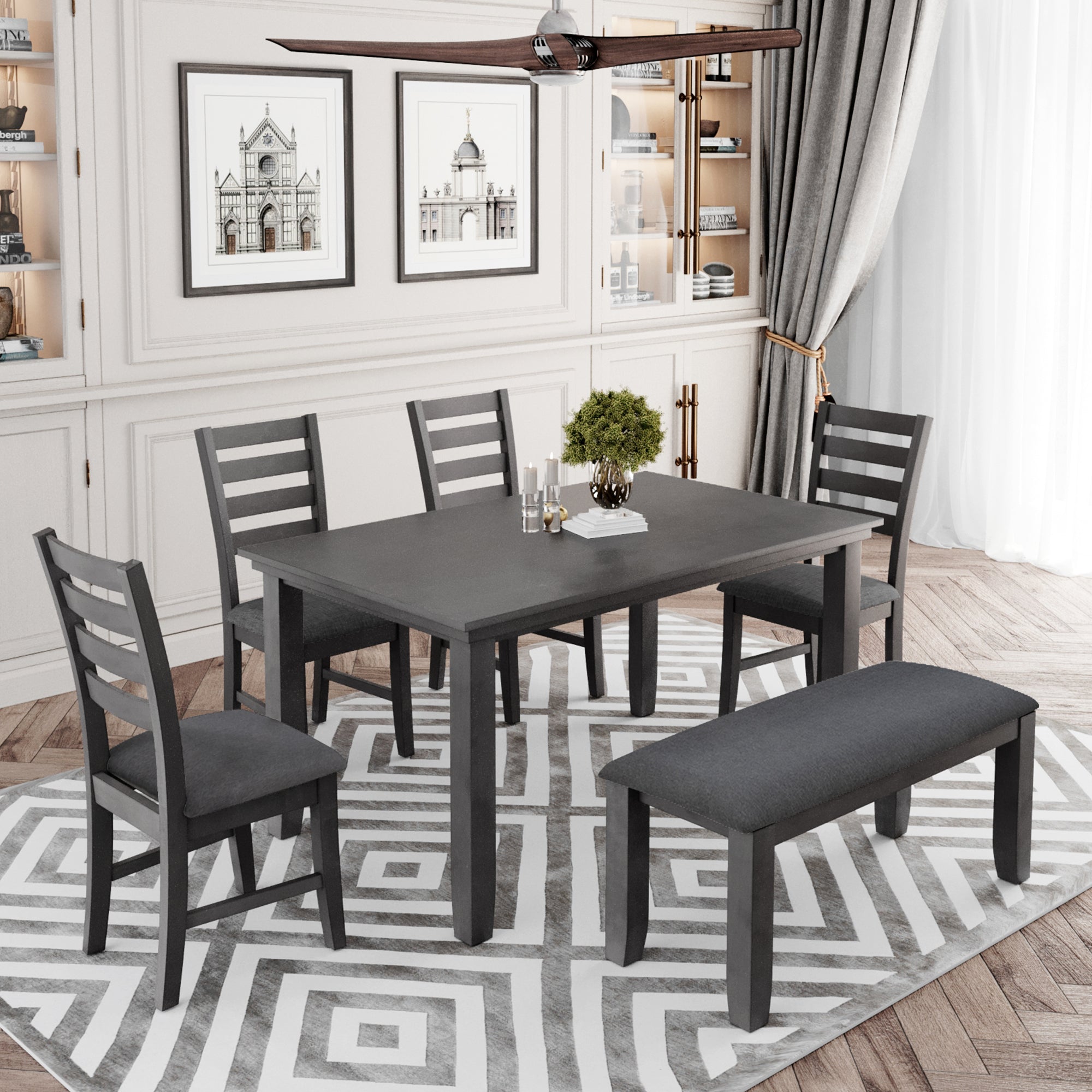 TREXM Dining Room Table and Chairs with Bench, Rustic Wood Dining Set, Set of 6 (Gray)