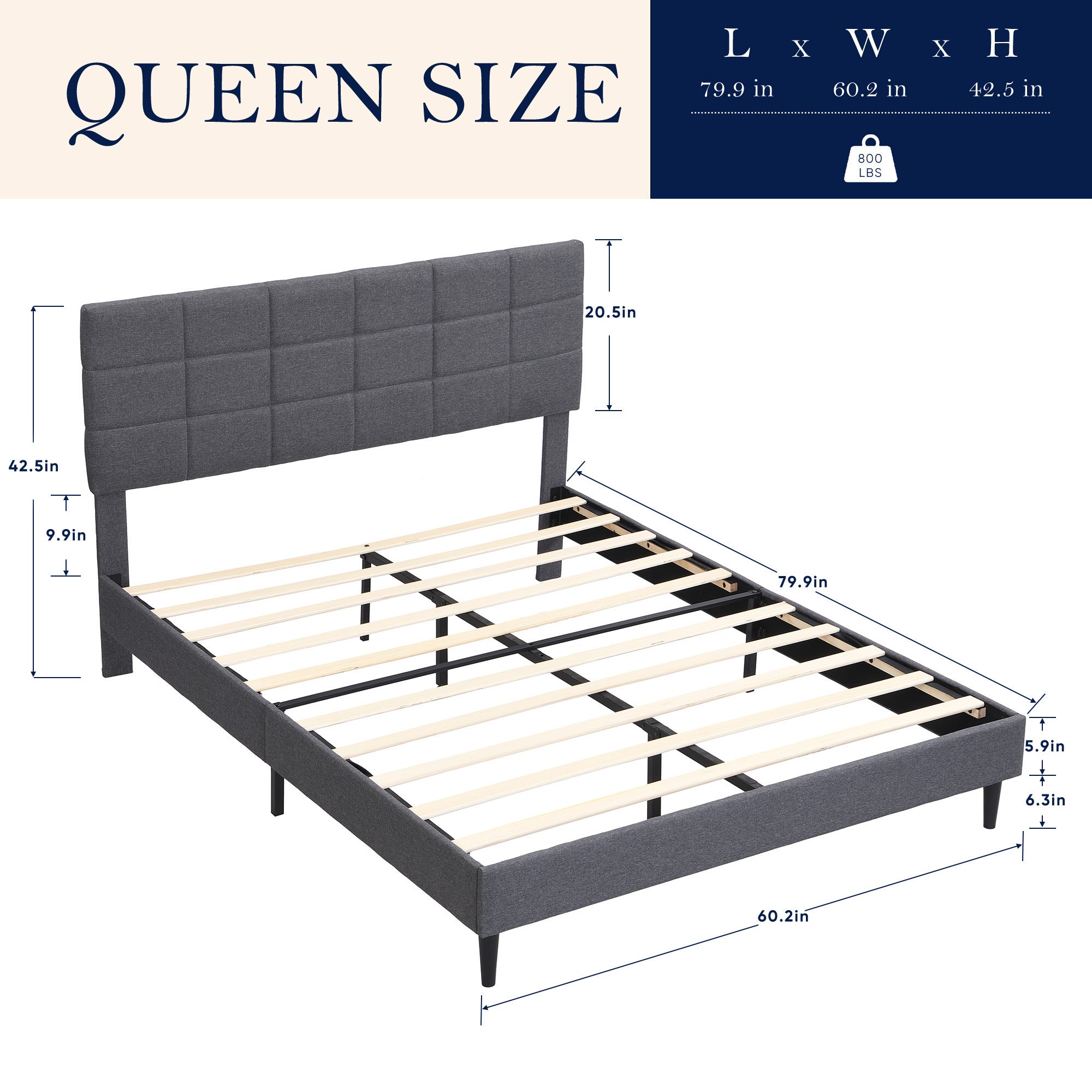 Queen Size Platform Bed Frame with Fabric Upholstered Headboard and Wooden Slats, No Box Spring Needed/Easy Assembly, Gray