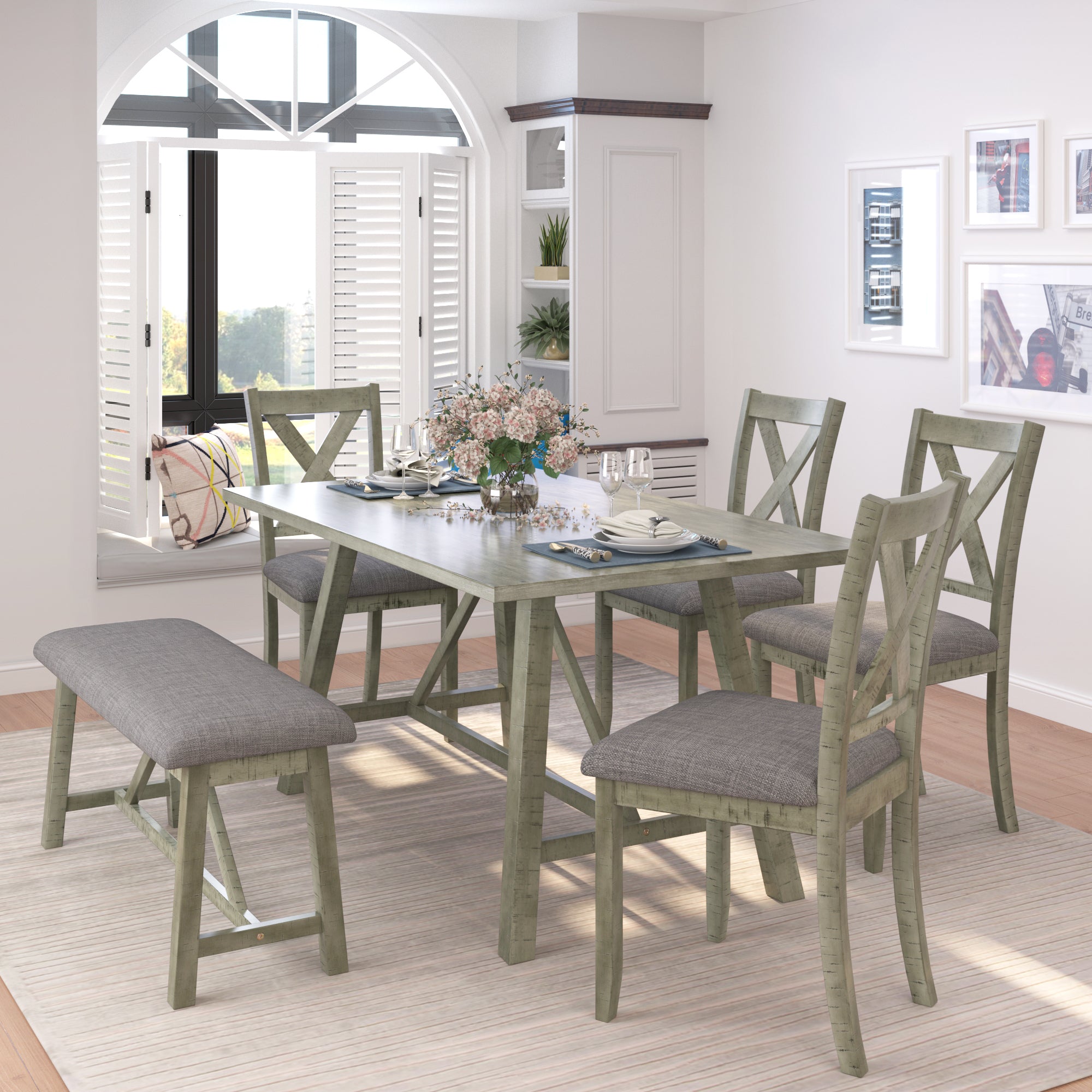 TOPMAX 6 Piece Dining Table Set Wood Dining Table and chair Kitchen Table Set with Table, Bench and 4 Chairs, Rustic Style, Gray(No Difference with SH000109AAE）