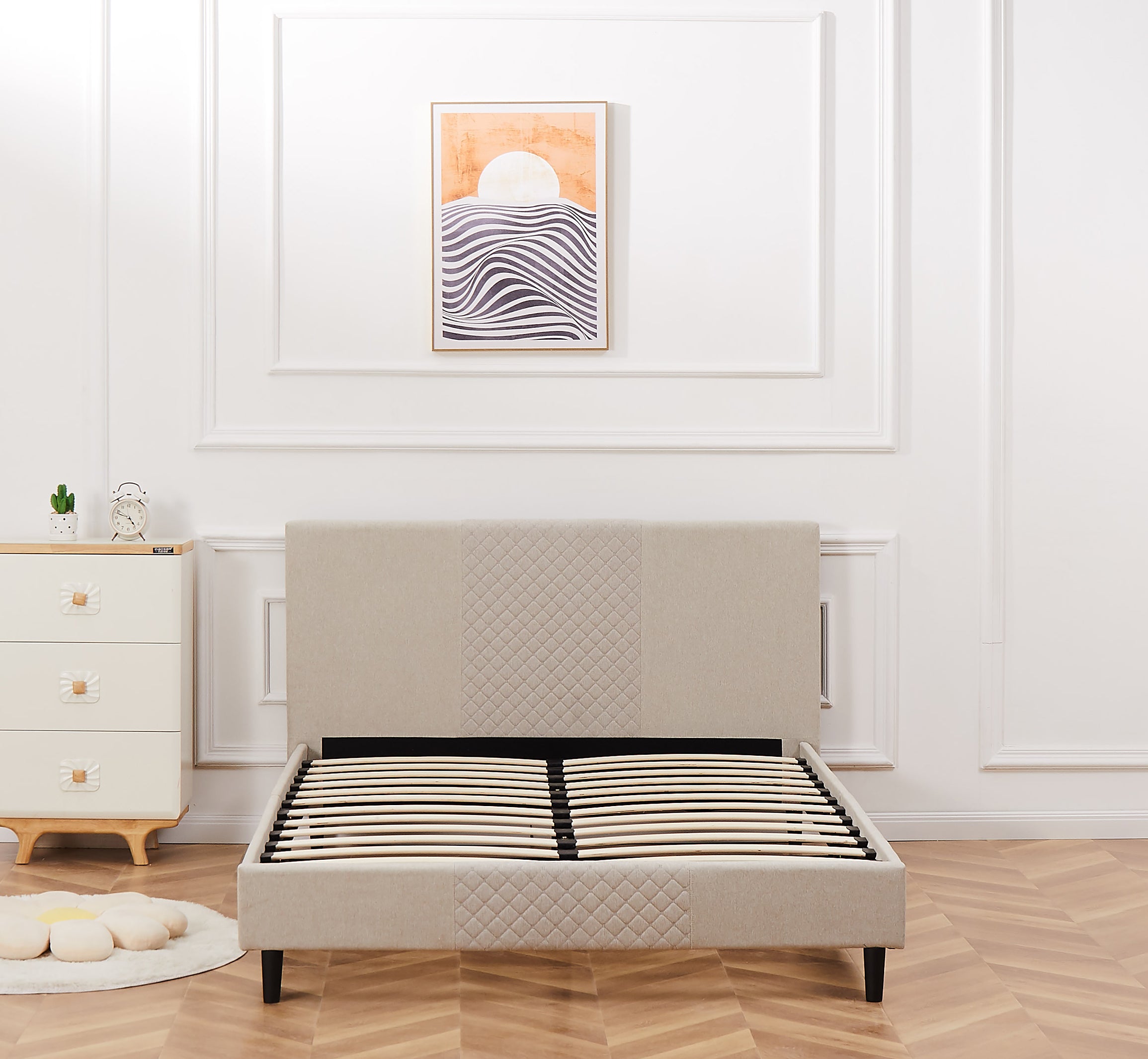 Queen Bed Frame/Velvet Upholstered Bed Frame with Diamond grid Channel Tufted Headboard/Strong Wooden Slats/Platform Bed Frame/Mattress Foundation/Box Spring Optional/Easy Assembly/Beige