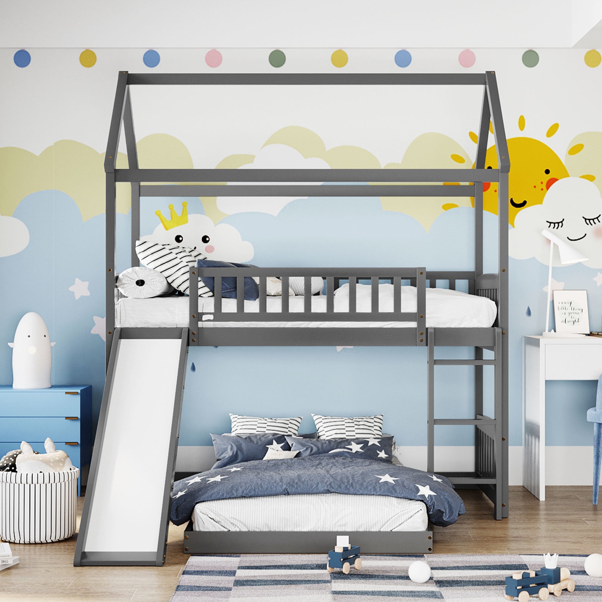 Twin Over Twin Bunk Bed with Slide, House Bed with Slide, Gray(OLD SKU: LT000214AAE)