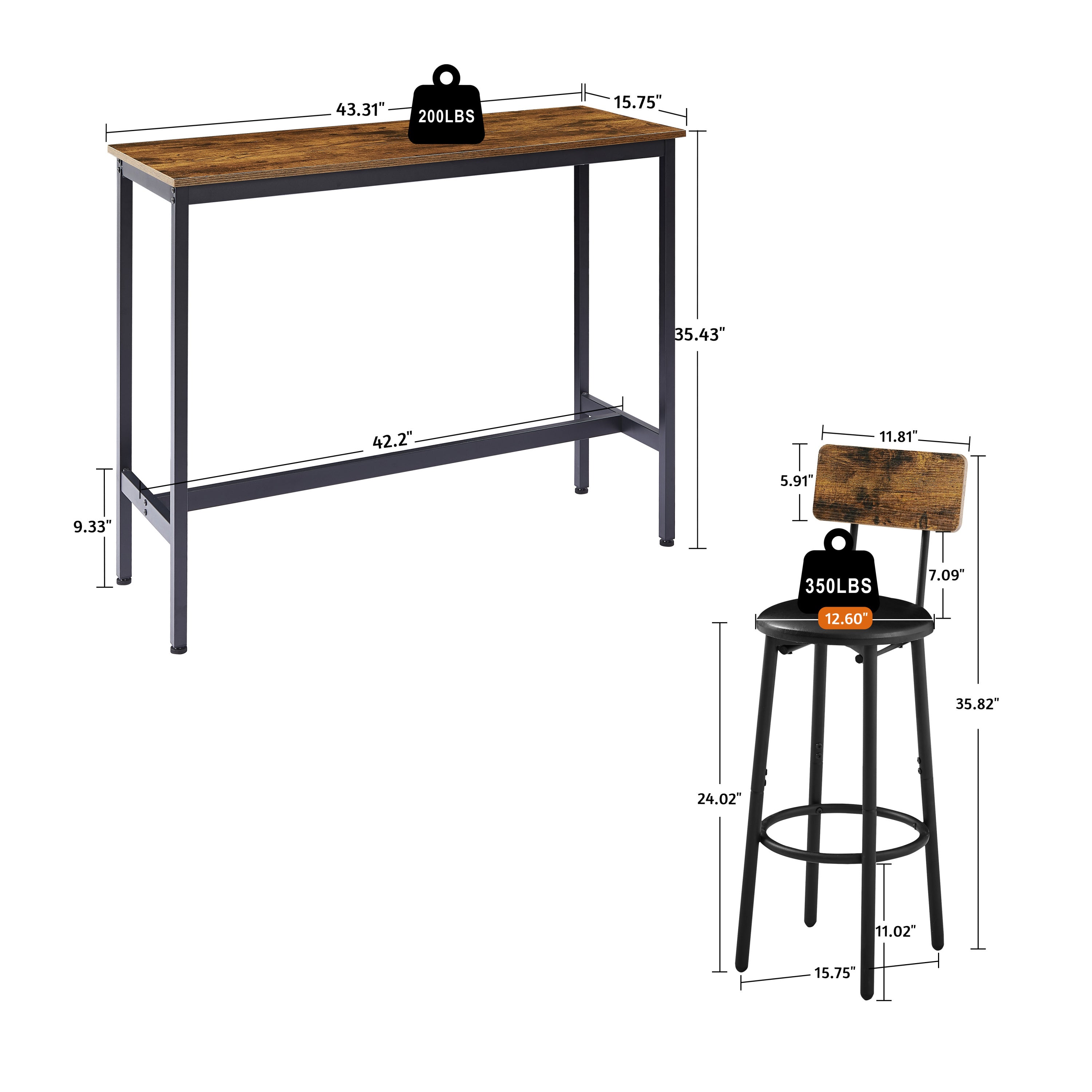 Bar Table Set with 2 Bar stools PU Soft seat with backrest (Rustic Brown,43.31’’w x 15.75’’d x 23.62’’h)