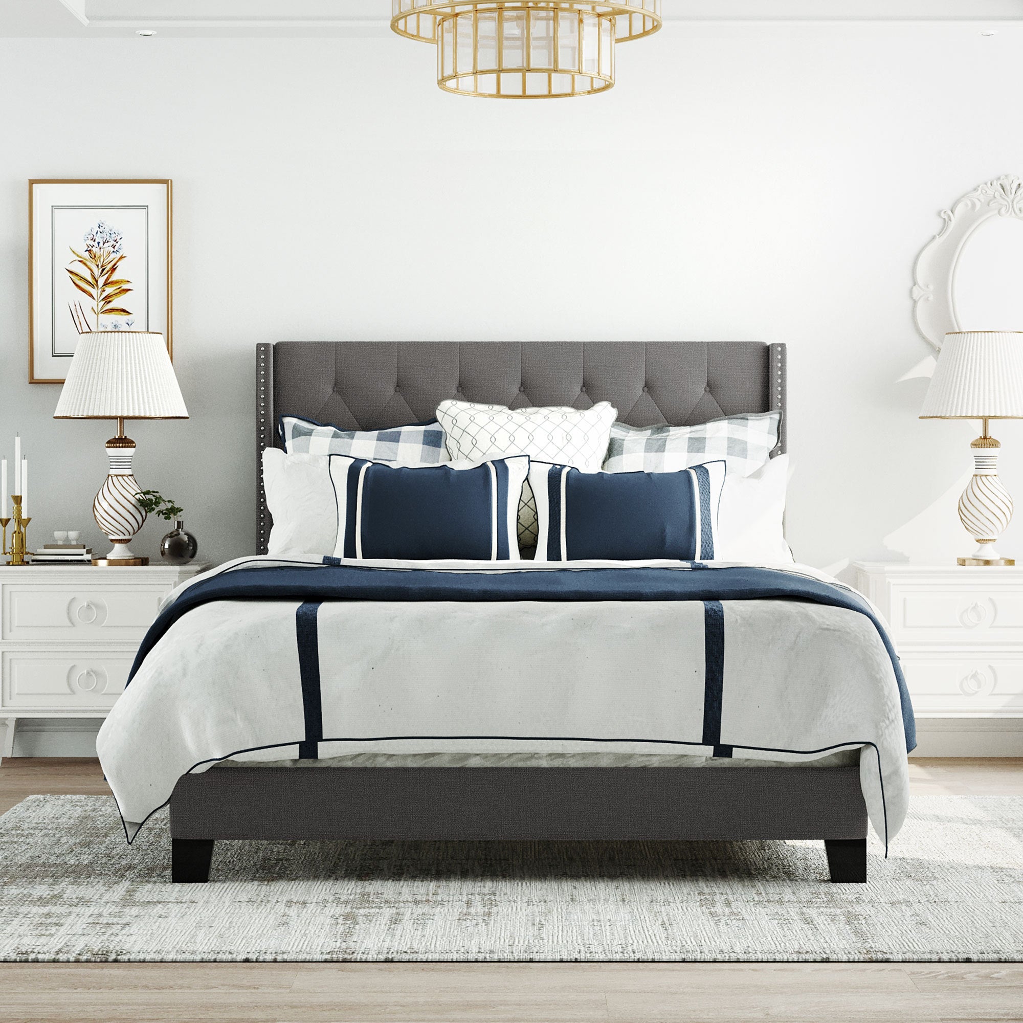 Upholstered Platform Bed with Classic Headboard, Box Spring Needed, Gray Linen Fabric, Queen Size