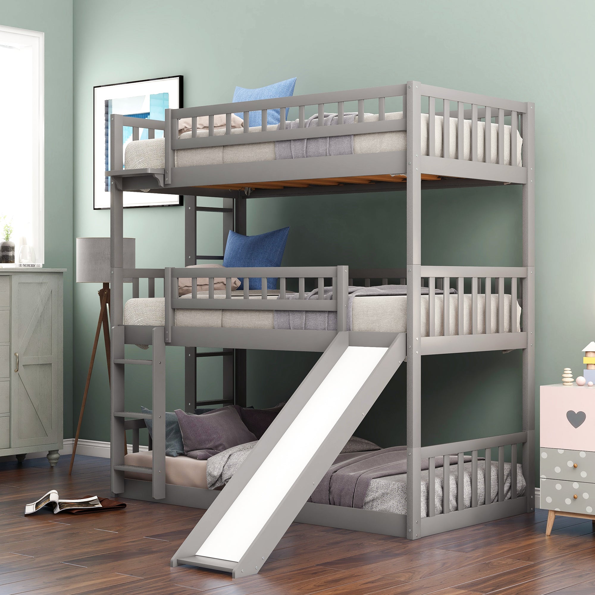 Twin-Over-Twin-Over-Twin Triple Bed with Built-in Ladder and Slide, Triple Bunk Bed with Guardrails, Gray(OLD SKU: LP000051AAE)