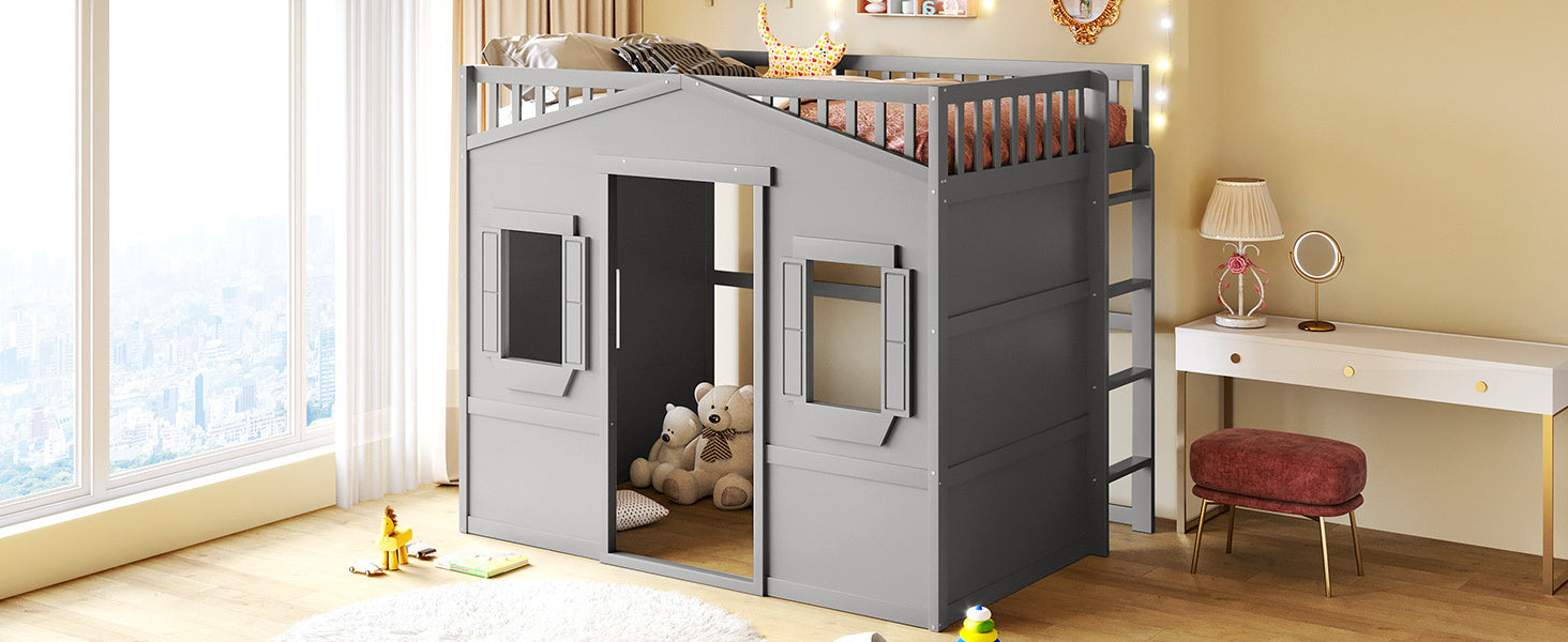 Full Size House Loft Bed With Ladder-Gray