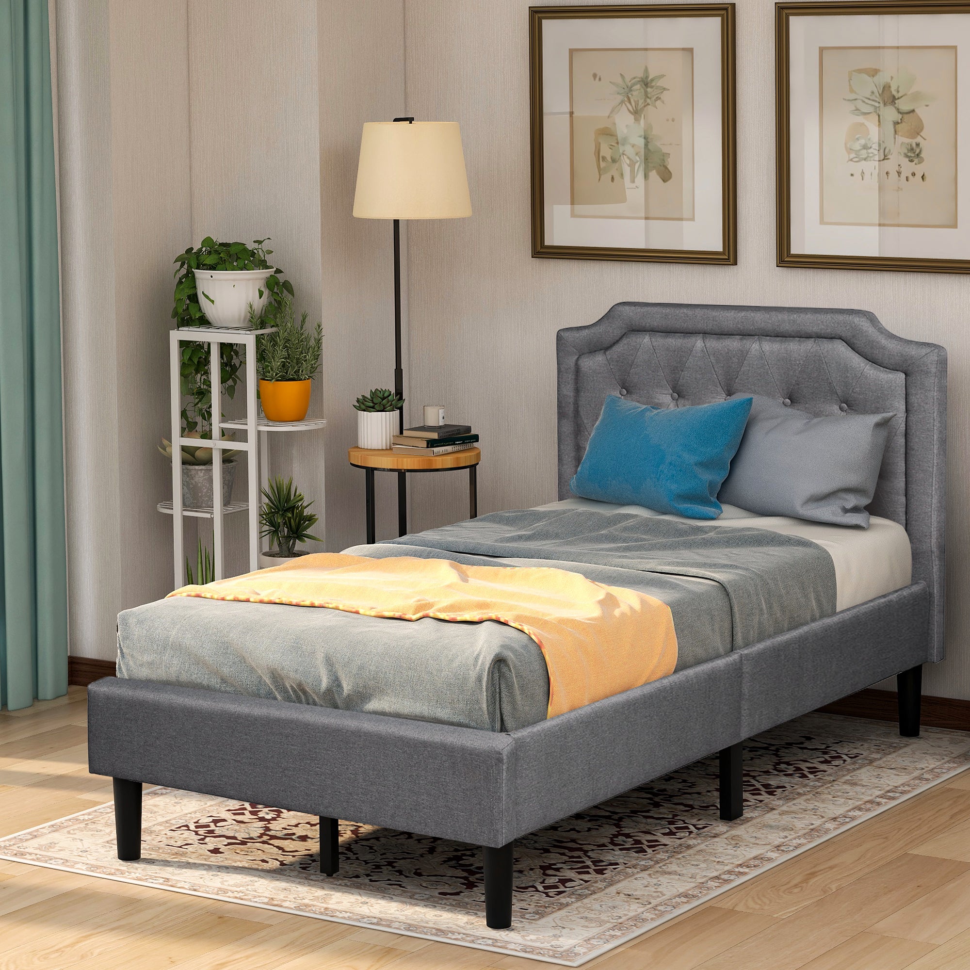 Upholstered Scalloped Linen Platform Bed, Twin Size,  Gray (Previous SKU:WF192432AAE. There is a slight difference in dimension)