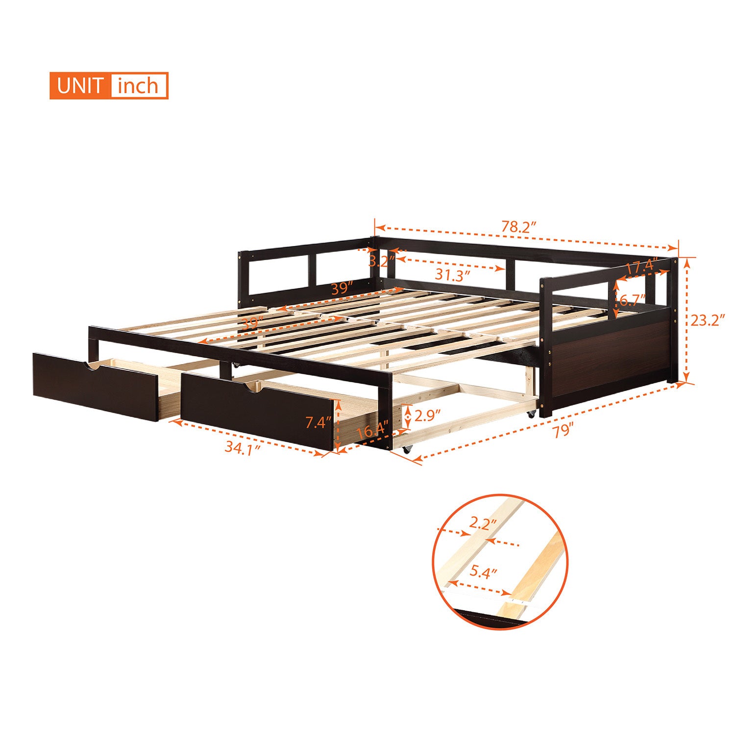 Wooden Daybed with Trundle Bed and Two Storage Drawers , Extendable Bed Daybed,Sofa Bed for Bedroom Living Room,Espresso